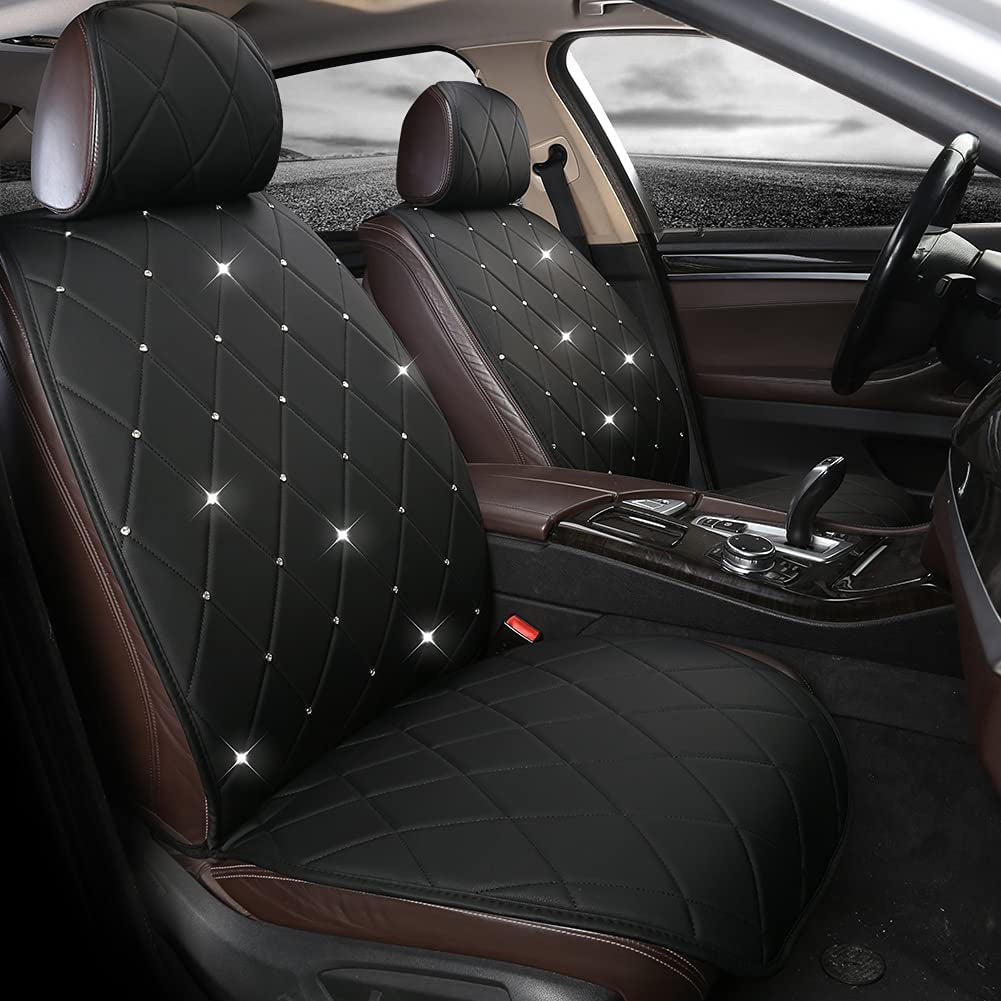 AutoMaximizer, 1 Pair Luxury PU Leather Front Car Seat Covers Protectors with Blingbling Rhinestones for Women Girls, Universal Fit 95% of Cars, Black