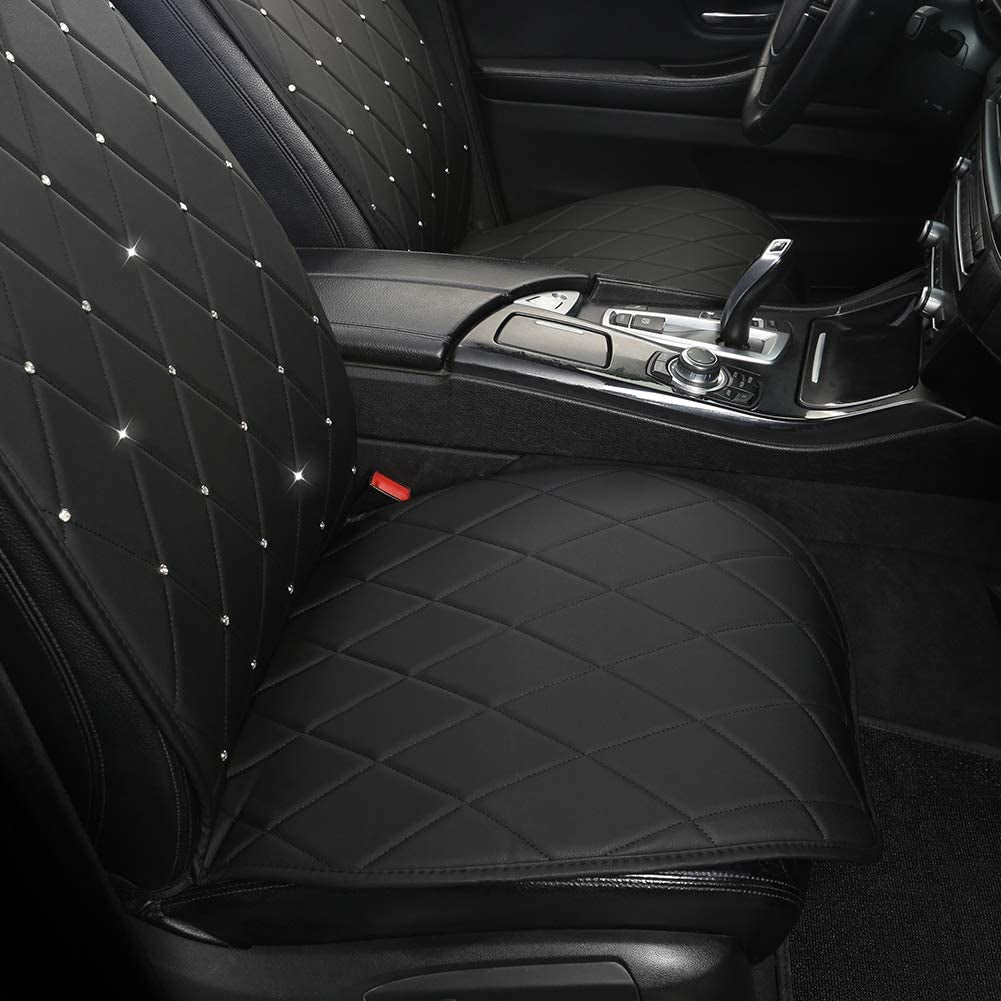 AutoMaximizer, 1 Pair Luxury PU Leather Front Car Seat Covers Protectors with Blingbling Rhinestones for Women Girls, Universal Fit 95% of Cars, Black