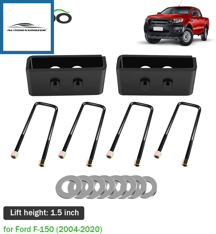 AutoMaximizer, 1.5 Inch Leveling Lift Block Kits with Extra Long Square Leaf Spring Axle U Bolts 2004-2018 for Ford for F-150 2WD/4WD