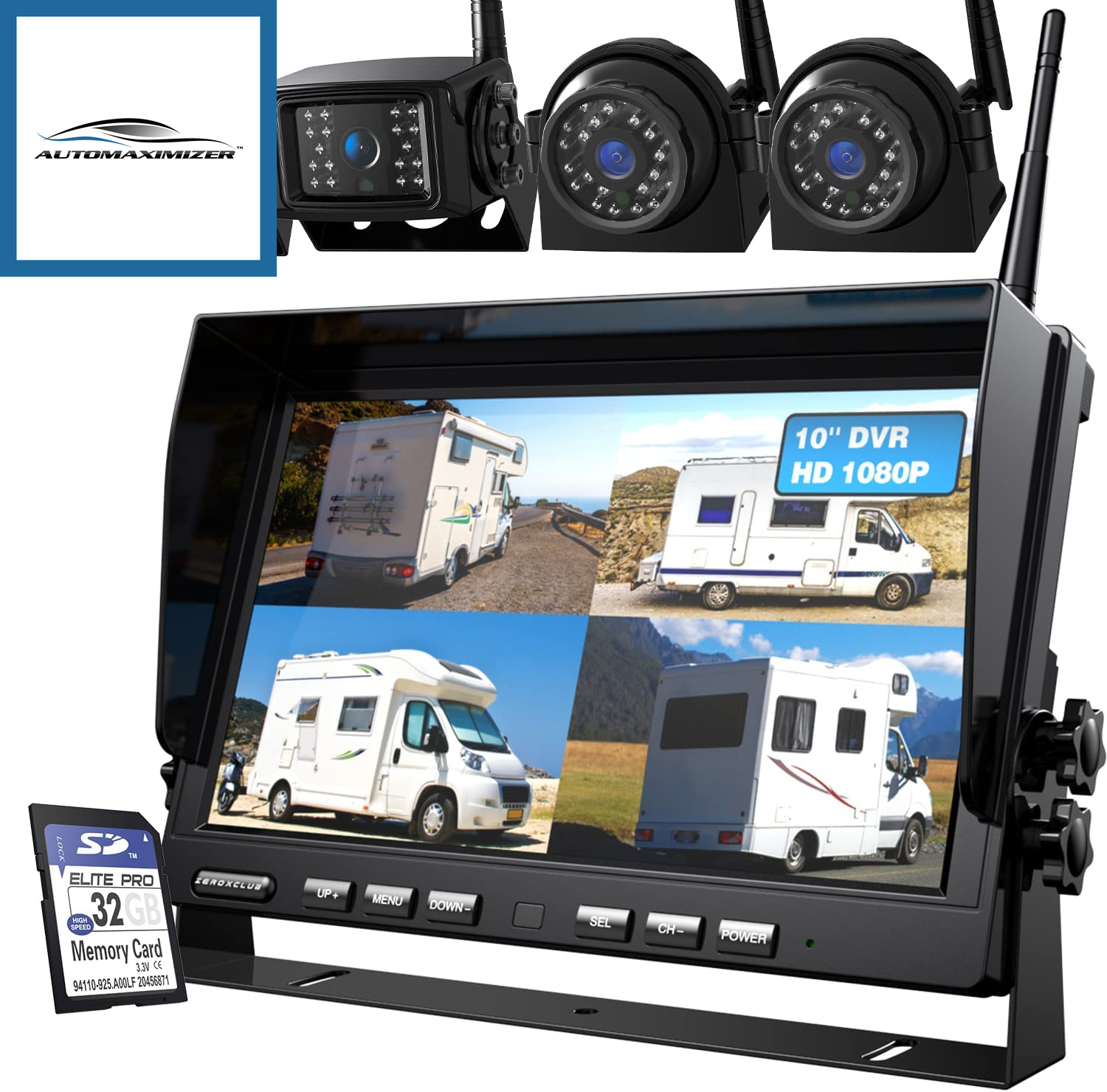 AutoMaximizer, 10'' 1080P Wireless Backup Camera System, 10 Inch DVR Quad Split Monitor Wireless Rear Side View Cameras, IP69 Waterproof Digital Signal Record System for Rv/Truck/Trailer/Camper-Bw104Sl