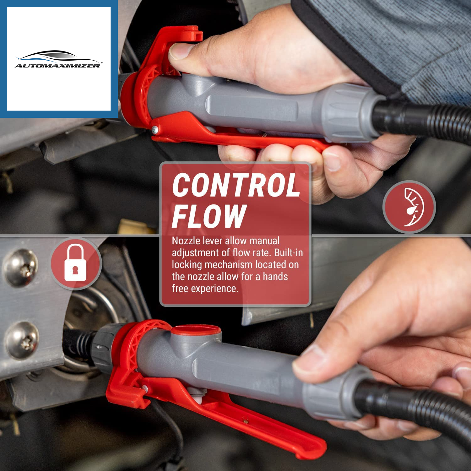 AutoMaximizer, [10 Ft Extended Length Discharge Hose] D Battery Powered Fuel Transfer Pump (2.4 Gallons per Minute) Manual Locking Lever Control Nozzle