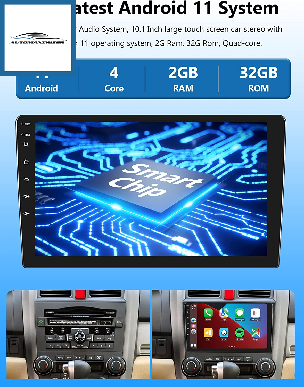 AutoMaximizer, 10 Inch Android Car Stereo Double Din with Wireless Carplay Android Auto, Touch Screen Head Unit Supports GPS Navigation, Wifi, Hi-Fi Sound, FM/RDS Radio, Split Screen+ Backup Camera, 2G+32G