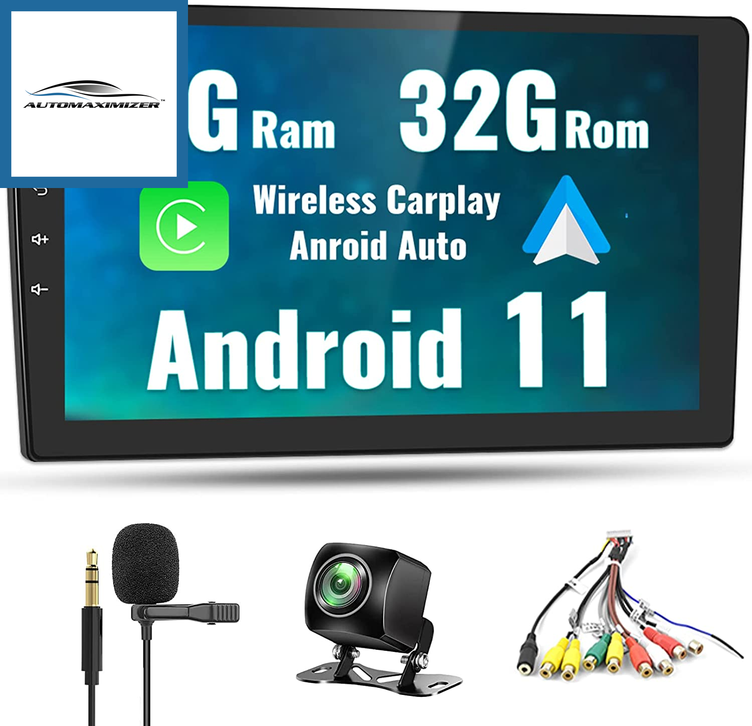 AutoMaximizer, 10 Inch Android Car Stereo Double Din with Wireless Carplay Android Auto, Touch Screen Head Unit Supports GPS Navigation, Wifi, Hi-Fi Sound, FM/RDS Radio, Split Screen+ Backup Camera, 2G+32G