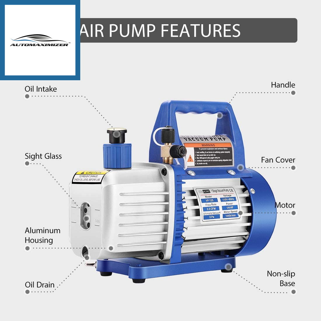 AutoMaximizer, 110V 1/4 HP 3.5CFM Single Stage Rotary Vane Air Vacuum Pump and R134A AC Manifold Gauge Set Kit with Thermometer Carry Bag for HVAC Air Conditioning Refrigeration Recharging