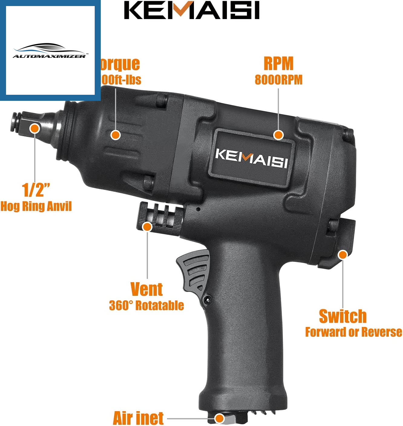 AutoMaximizer, 1/2" Driver Air Impact Wrench Set, 1100 Ft-Lbs Powerful Torque Output, Heavy Duty Twin Hammer Impact Gun, Half-Inch Pneumatic Impact Wrench, with 8 Piece Socket Set and Storage Carry Case
