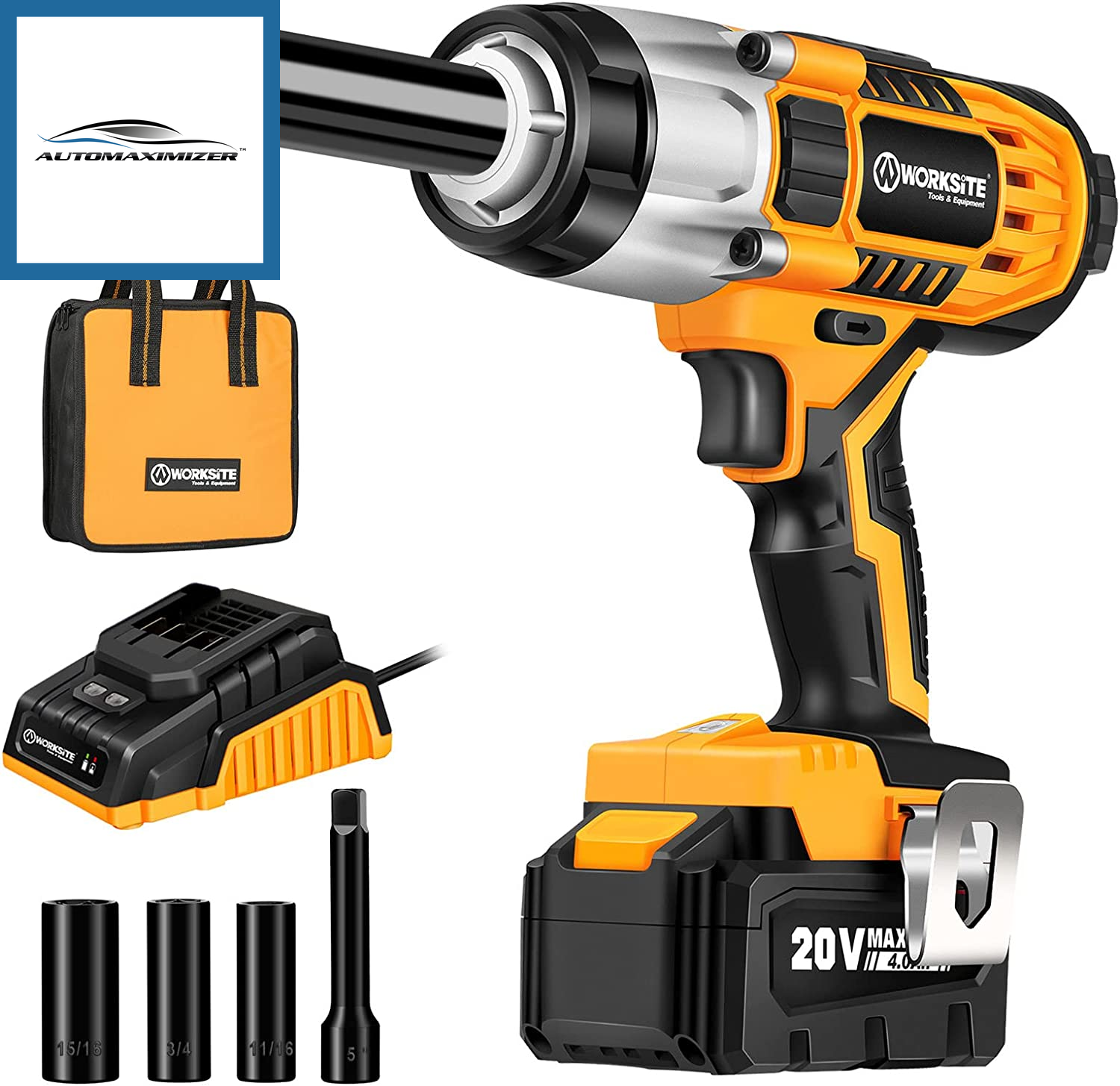 AutoMaximizer, 1/2 Impact Gun Cordless Impact Wrench 1/2 Inch W/ Max Torque 370 Ft-Lbs (500N.M) Impact Gun with 4.0A Battery, 4 Drive Impact Sockets and Fast Charger