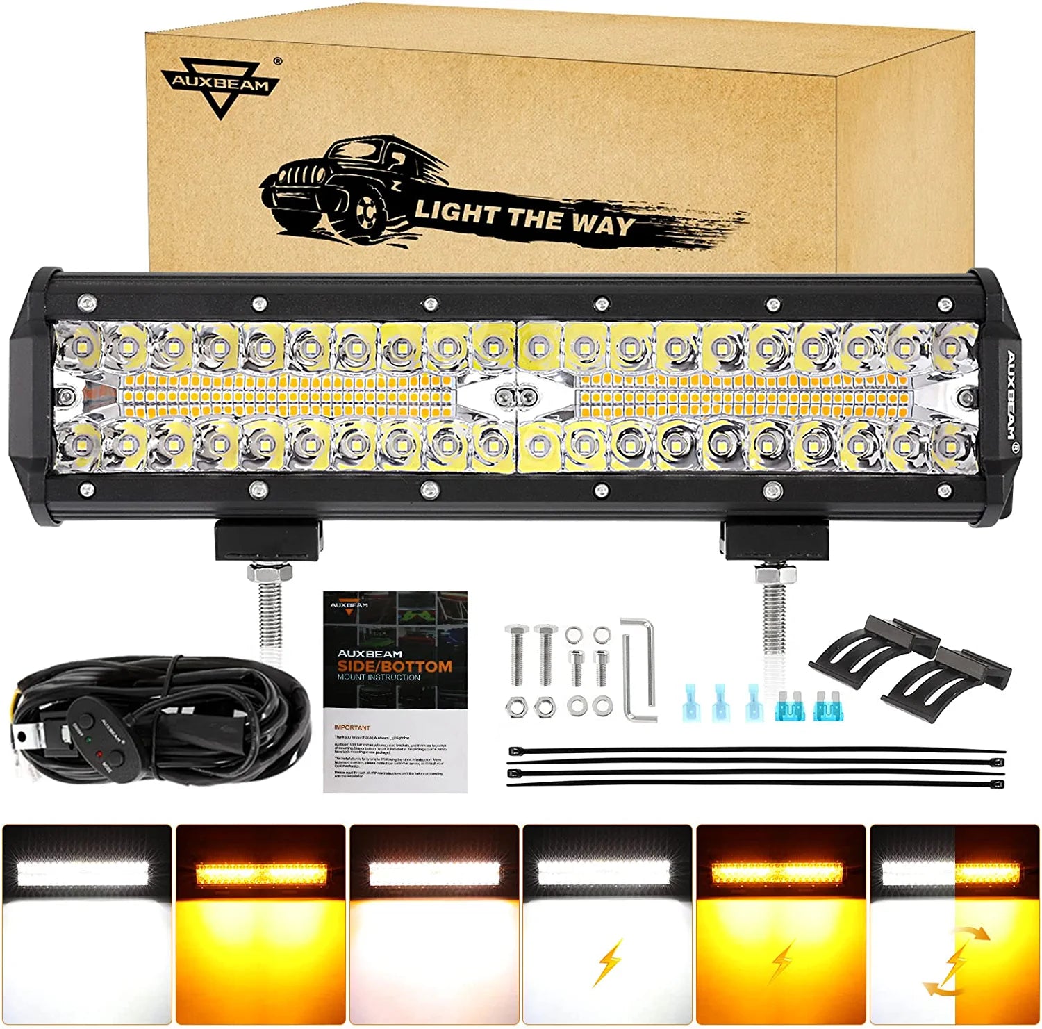 Auxbeam, 12In 300W LED Light Bar, Amber White Strobe Light Bar Spot Flood Combo Beam Amber Fog Light