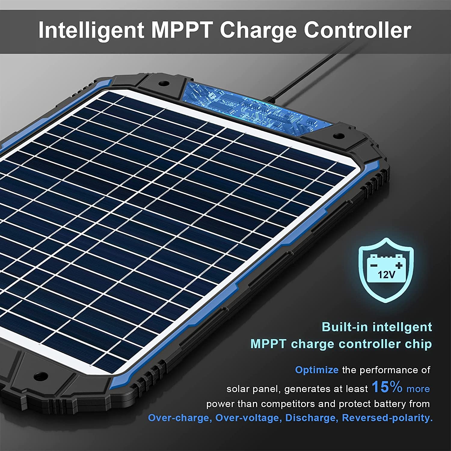 SUNER POWER, 18W 12V Solar Car Battery Charger & Maintainer, Waterproof Solar Trickle Charger, Built-In Intelligent MPPT Controller, Portable Solar Panel Kit for Deep Cycle Marine RV Trailer Boat