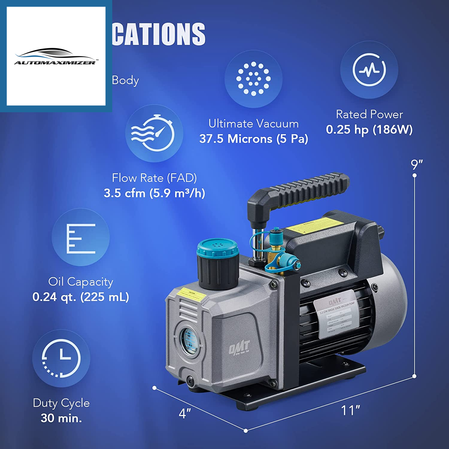 AutoMaximizer, 3.5Cfm Vacuum Pump, 1 Stage HVAC Vacuum Pump for R12 R22 R134A R410A Systems, Small 1/4Hp 38 Micron Vacuum Pump for Air Conditioner Servicing Resin Degassing and More, Oil Included