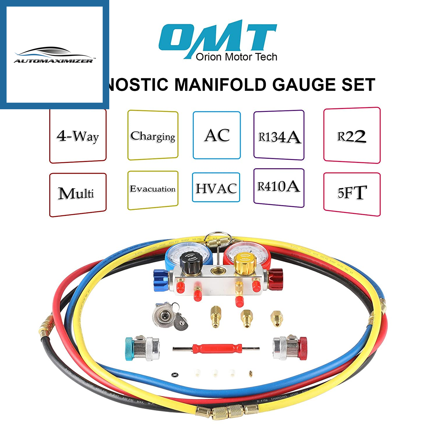 AutoMaximizer, 4 Way AC Diagnostic Manifold Gauge Set, Fits R134A R410A and R22 Refrigerants, with 5FT Hose, 3 Tank Adapters, Adjustable Couplers and Can Tap