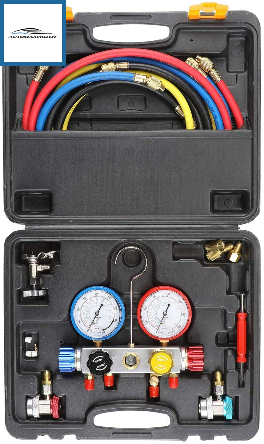 AutoMaximizer, 4 Way AC Diagnostic Manifold Gauge Set, Fits R134A R410A and R22 Refrigerants, with 5FT Hose, 3 Tank Adapters, Adjustable Couplers and Can Tap