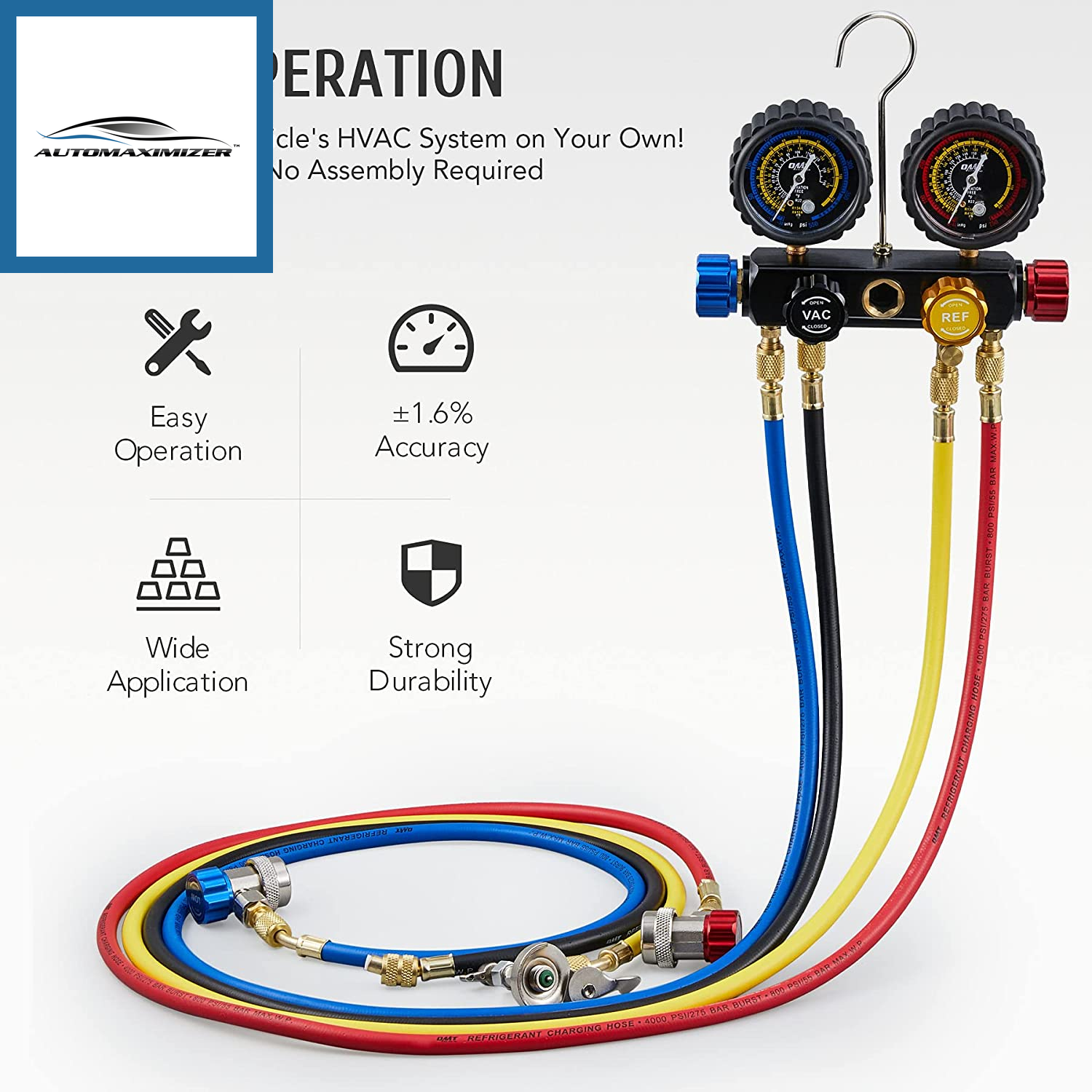 AutoMaximizer, 4 Way AC Gauge Set, AC Manifold Gauge Set for R410A R22 R134A Refrigerant, 4 Valve Automotive AC Gauges with 5Ft Hoses, R410A Adapters, Can Tap