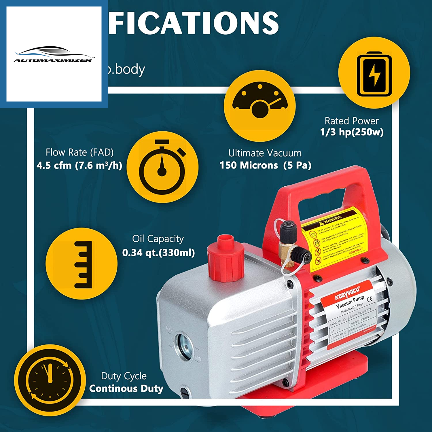 AutoMaximizer, 4.5CFM Single-Stage Rotary Vane Vacuum Pump (4.5CFM, 150 Miron, 1/3HP, 1/4"Flare 1/2" Male Inlet) for Hvac/Auto AC Refrigerant Recharging, Wine Degassing, Milking, Medical, Food Processing （TA450)