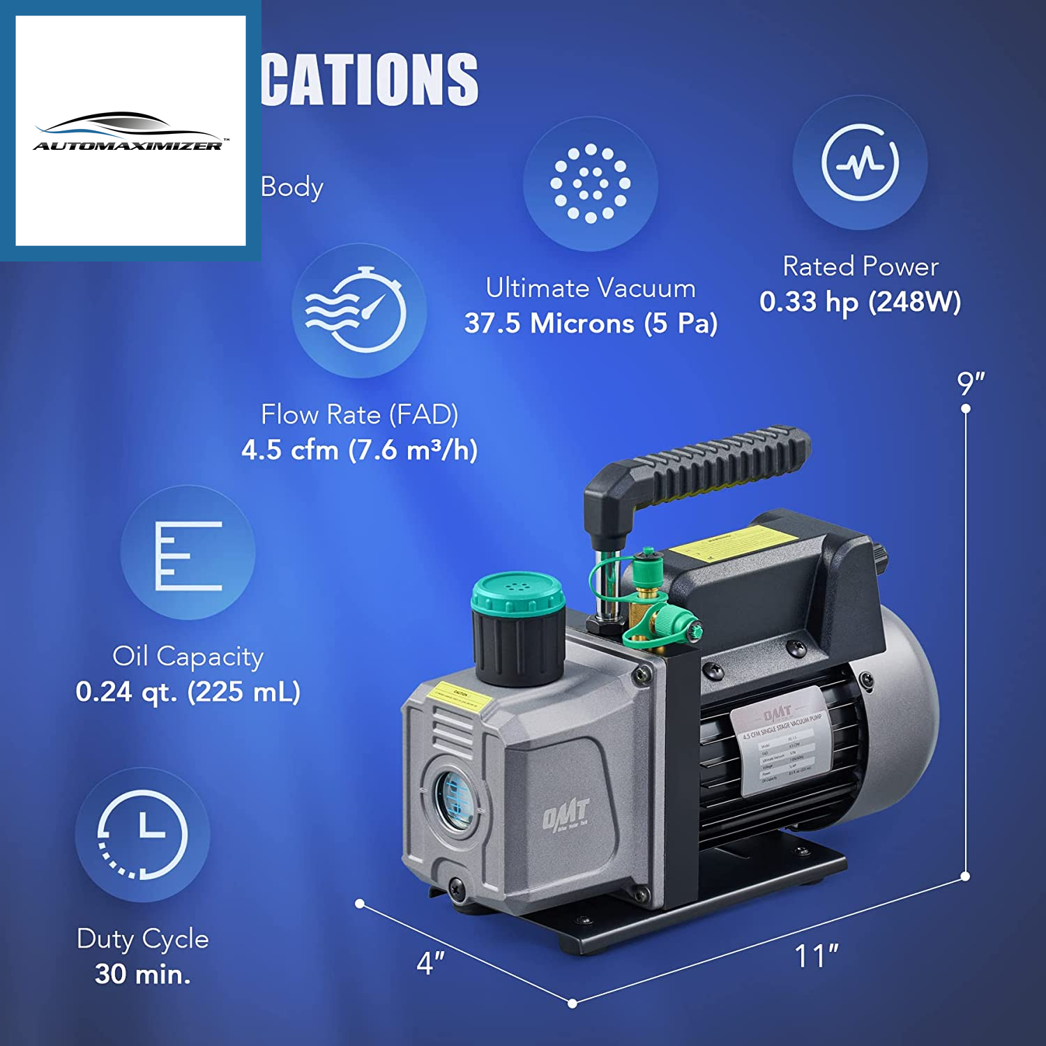 AutoMaximizer, 4.5Cfm Vacuum Pump, 1 Stage HVAC Vacuum Pump for R12 R22 R134A R410A Systems, Small 1/3Hp 38 Micron Vacuum Pump for Air Conditioner Servicing Resin Degassing and More, Oil Included