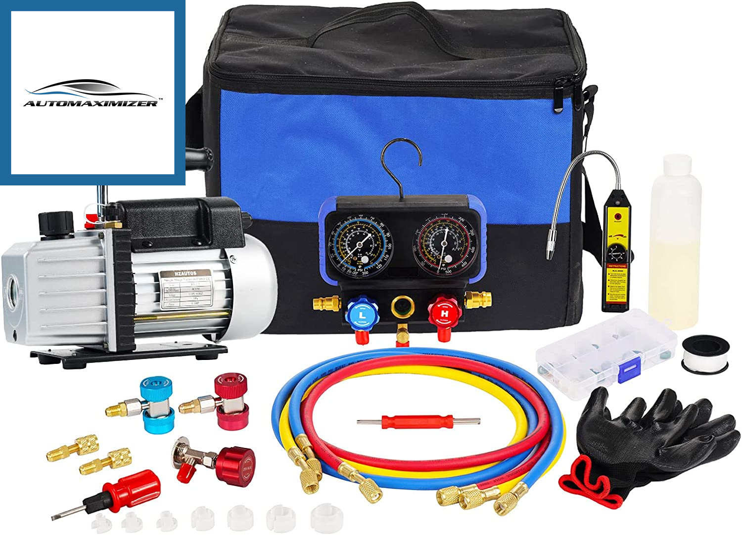 AutoMaximizer, 4CFM 1/3HP Single-Stage Vacuum Pump and R12 R22 R134A R502 Anticollision Manifold Gauge Set Refrigeration Kit with Carrying Tote, Leak Detector for HVAC Refrigeration Recharging and Maintenance