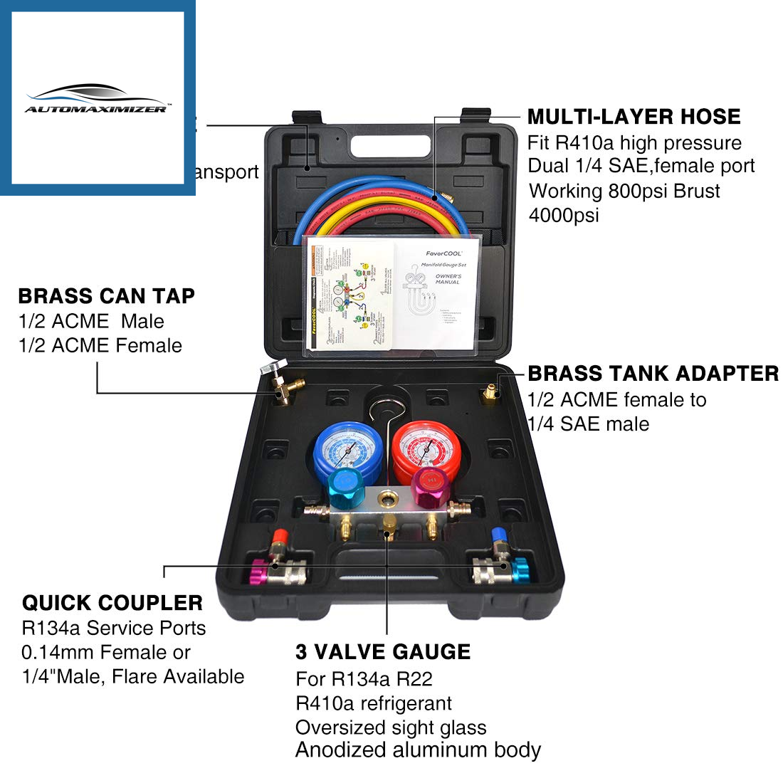 AutoMaximizer, AC Gauges, AC Manifold Gauge Set for R134A R410A R22 Refrigerant, Upgrade Aluminum Body 3-Way Car HVAC Gauge Set with 4FT Hoses Adjustable Couplers Adapter and Can Tap Freon Charge Kit