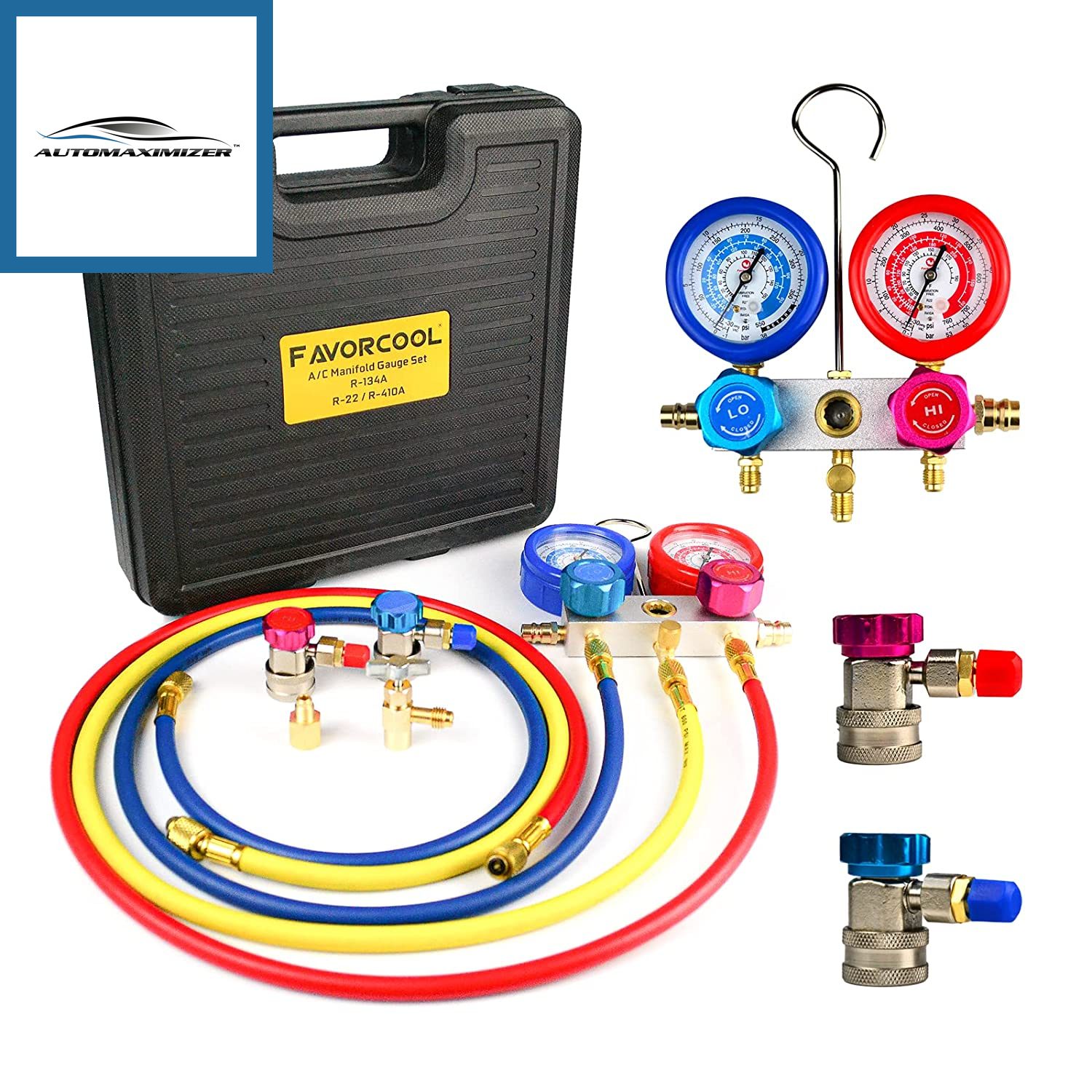 AutoMaximizer, AC Gauges, AC Manifold Gauge Set for R134A R410A R22 Refrigerant, Upgrade Aluminum Body 3-Way Car HVAC Gauge Set with 4FT Hoses Adjustable Couplers Adapter and Can Tap Freon Charge Kit