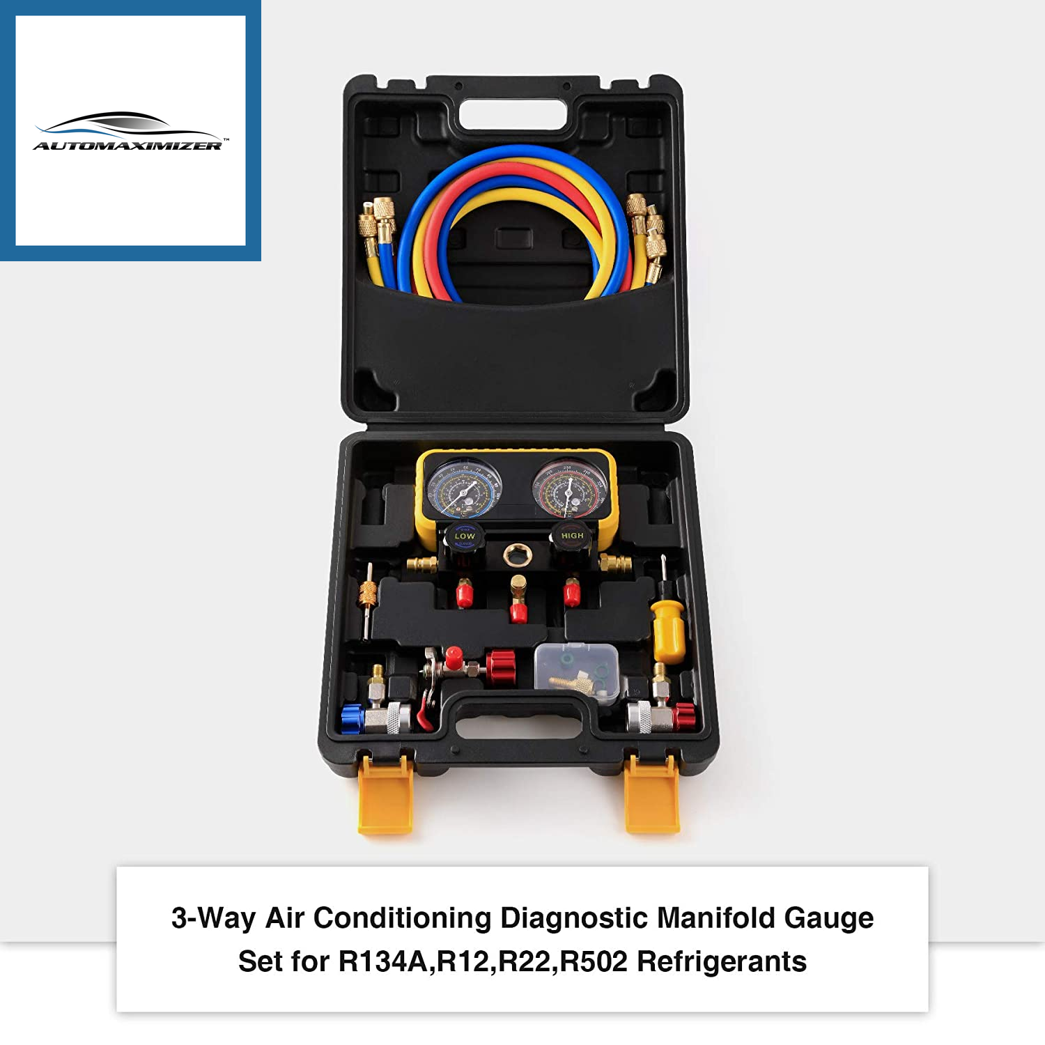 AutoMaximizer, AC Manifold Gauge Set for R134A R12 R22 R502 Refrigerants, Automotive AC Gauge Set, Precision Refrigerant Gauge Kit with 5' Hose, Tank AC Adapters, Adjustable Couplers, Can Tap