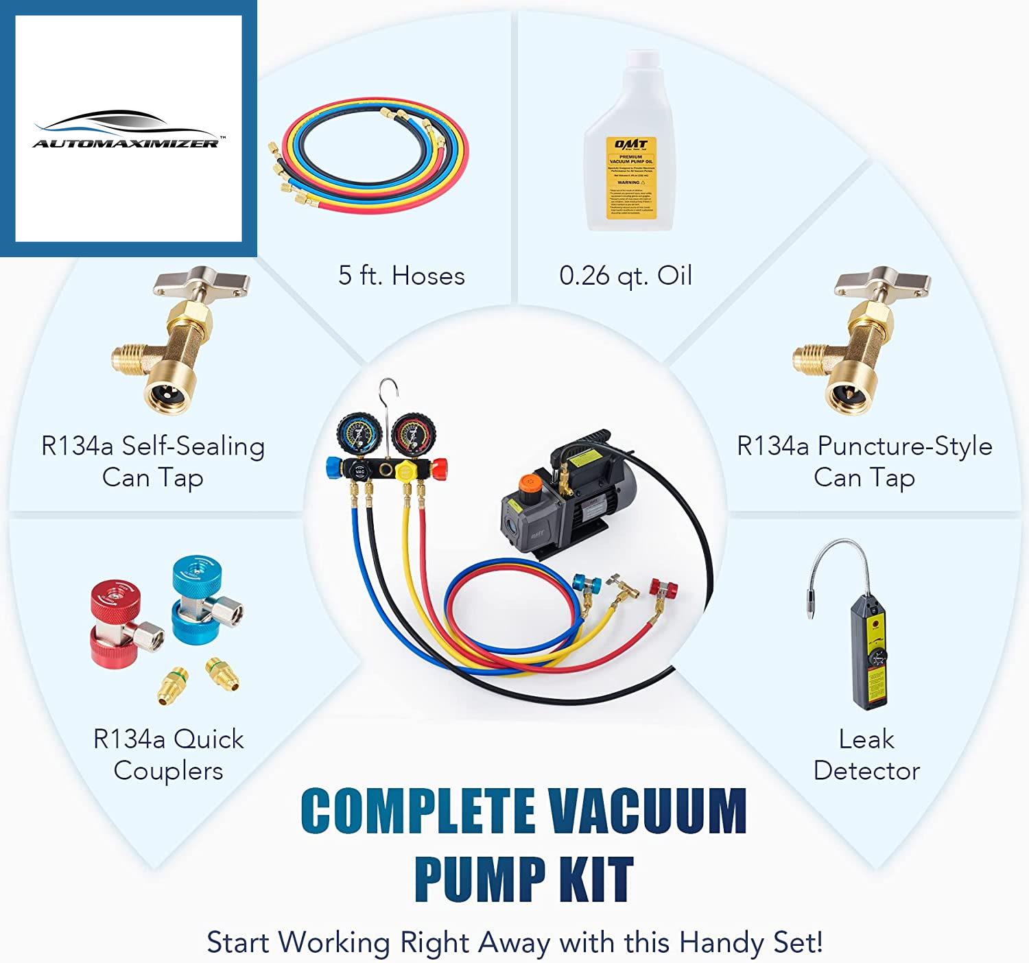 AutoMaximizer, AC Vacuum Pump and Gauge Set, 4 Way AC Gauges and 4 Cfm HVAC Vacuum Pump with Leak Detector 5FT Hoses Couplers R410A Adapters, Puncturing & Self Sealing R134A Can Taps AC Recharge Kit