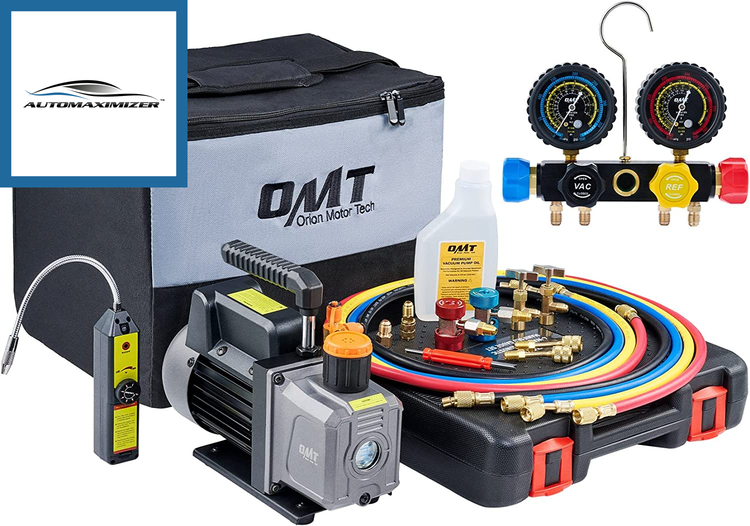 AutoMaximizer, AC Vacuum Pump and Gauge Set, 4 Way AC Gauges and 4 Cfm HVAC Vacuum Pump with Leak Detector 5FT Hoses Couplers R410A Adapters, Puncturing & Self Sealing R134A Can Taps AC Recharge Kit