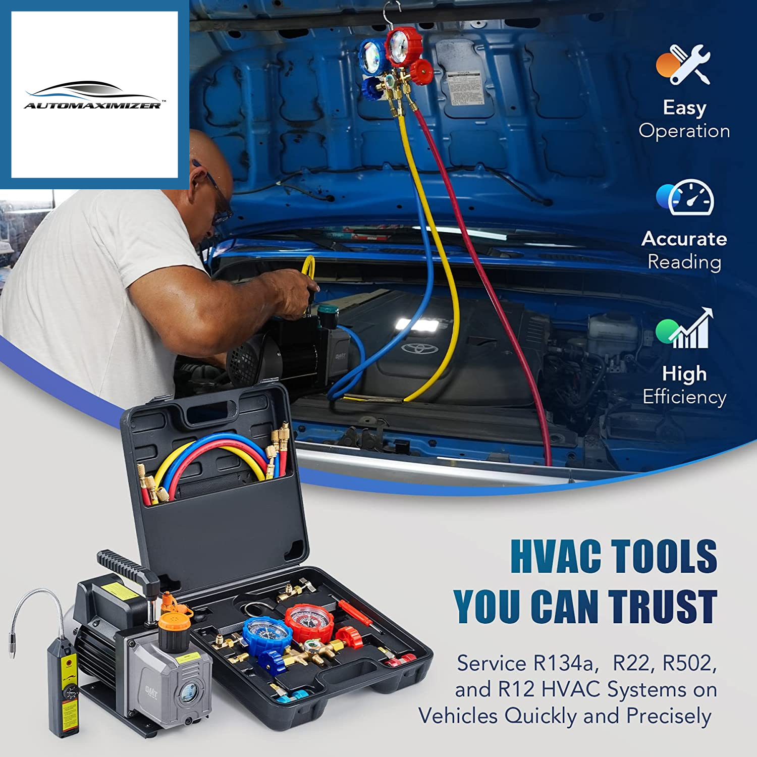 AutoMaximizer, AC Vacuum Pump and Gauge Set, with 4CFM Vacuum Pump, Leak Detector, 3 Hoses Quick Couplers, Puncture and Self-Sealing Can Taps, AC Vacuum Pump Kit for R134A R12 R22 R502 Refrigerant