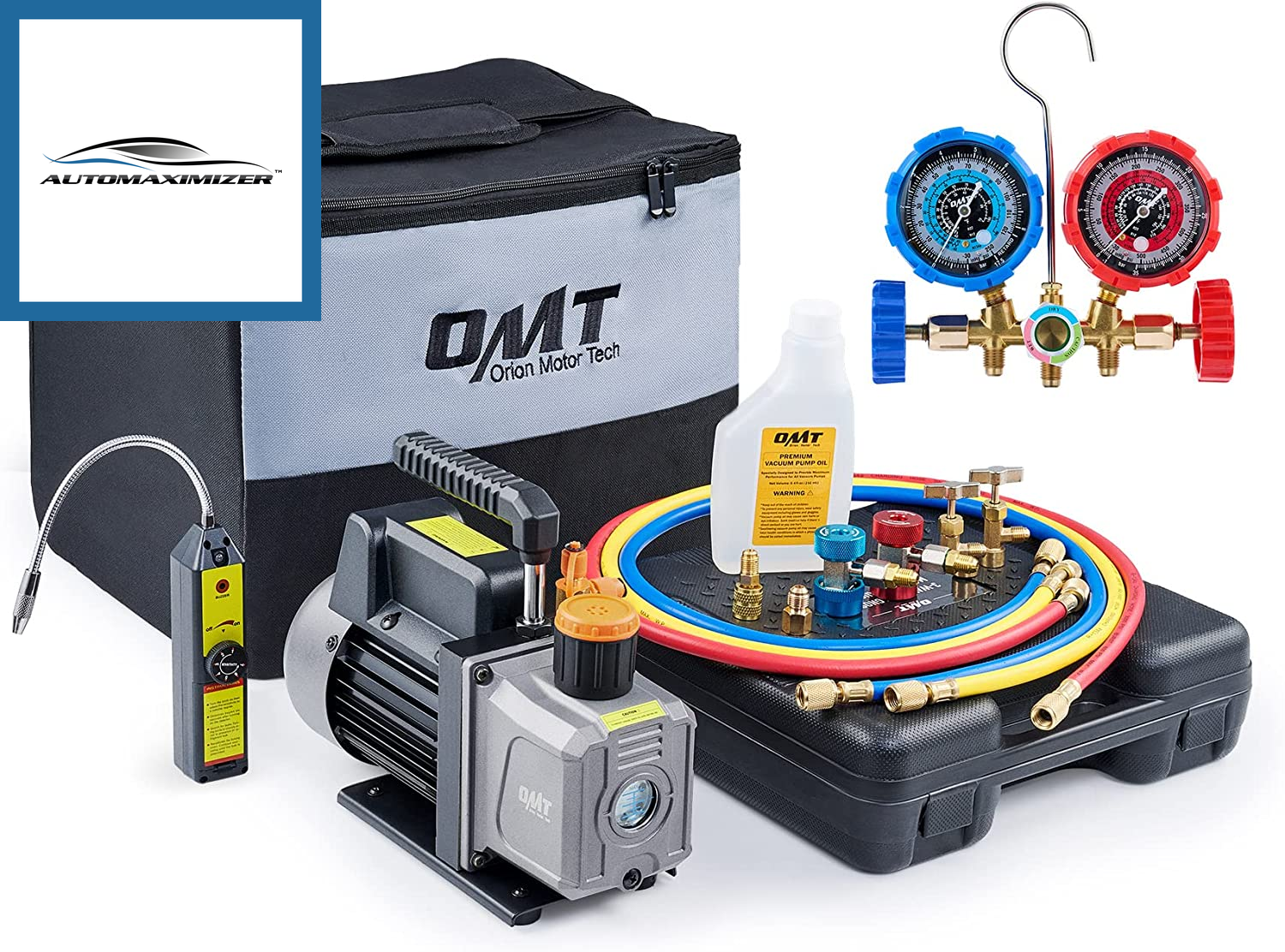 AutoMaximizer, AC Vacuum Pump and Gauge Set, with 4CFM Vacuum Pump, Leak Detector, 3 Hoses Quick Couplers, Puncture and Self-Sealing Can Taps, AC Vacuum Pump Kit for R134A R12 R22 R502 Refrigerant