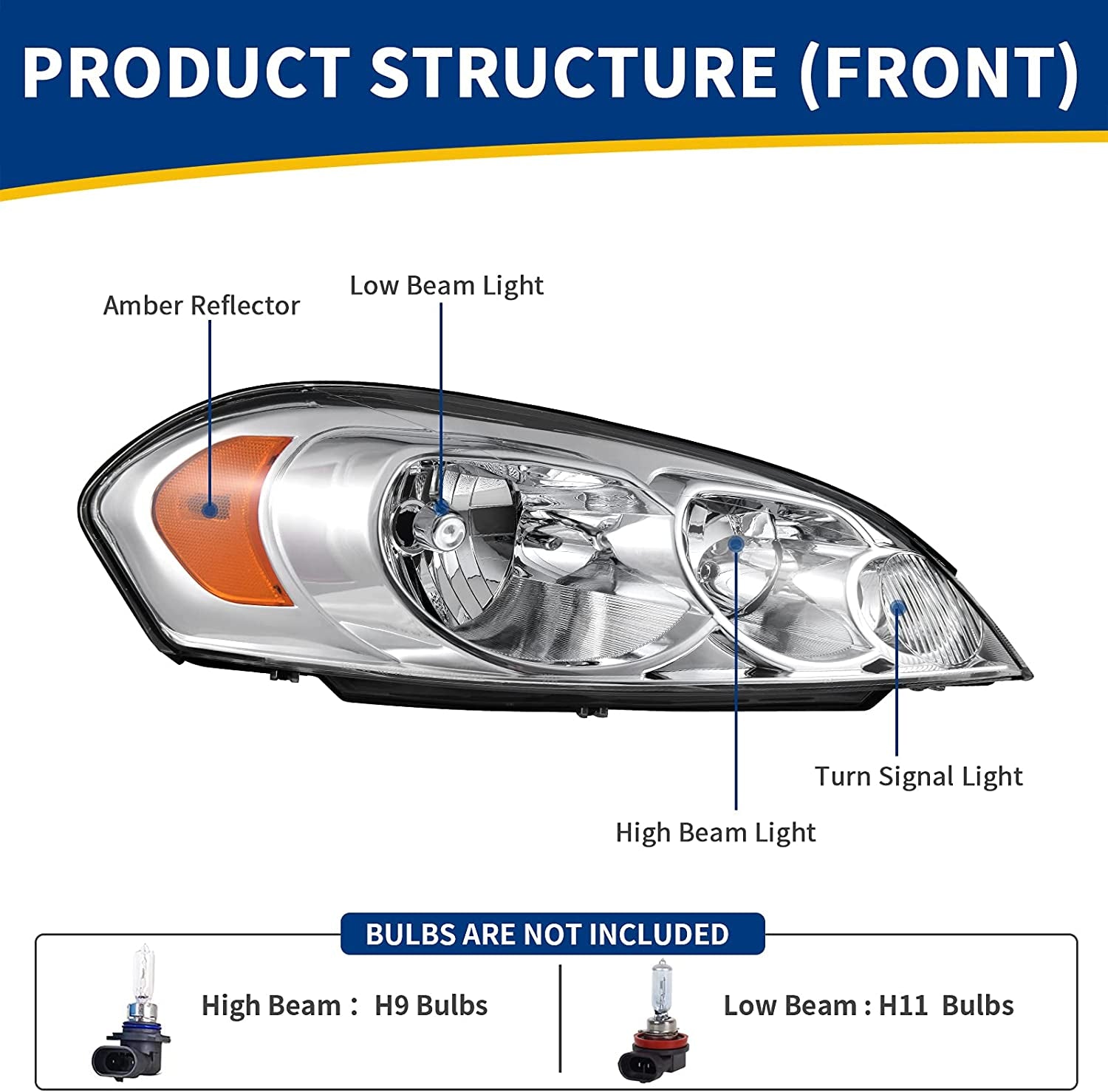 AUTOSAVER88, AUTOSAVER88 Headlight Assembly Compatible with 2006-2013 Chevy Impala 06 07 Chevy Monte Carlo Replacement Headlamp Driving Light Chrome Housing Amber Reflector Clear Lens