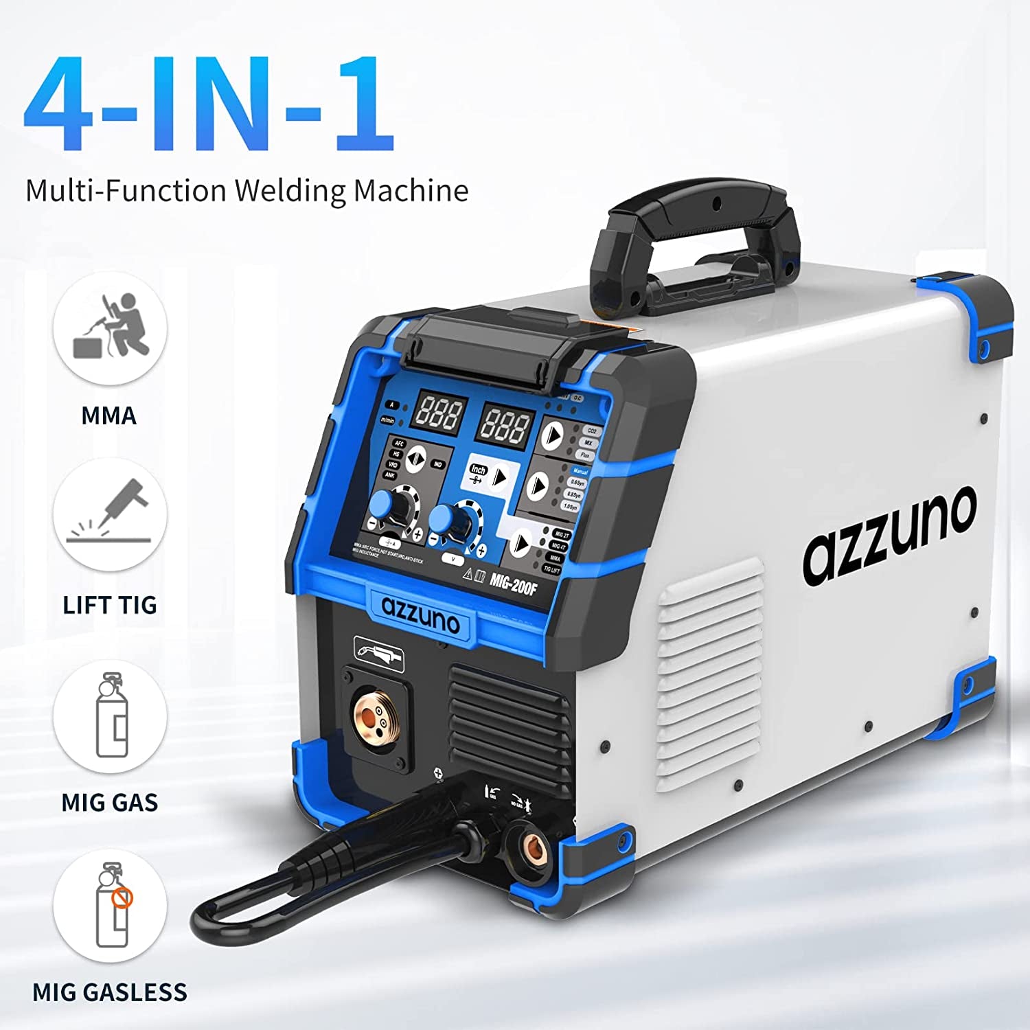 AZZUNO, AZZUNO 200A MIG Welder,110V/220V Dual Voltage Multiprocess Welder,Gas Gasless MIG Welding Machine,4 in 1 Flux Mig/Solid Wire/Lift Tig/Stick ARC Welder (Grey)