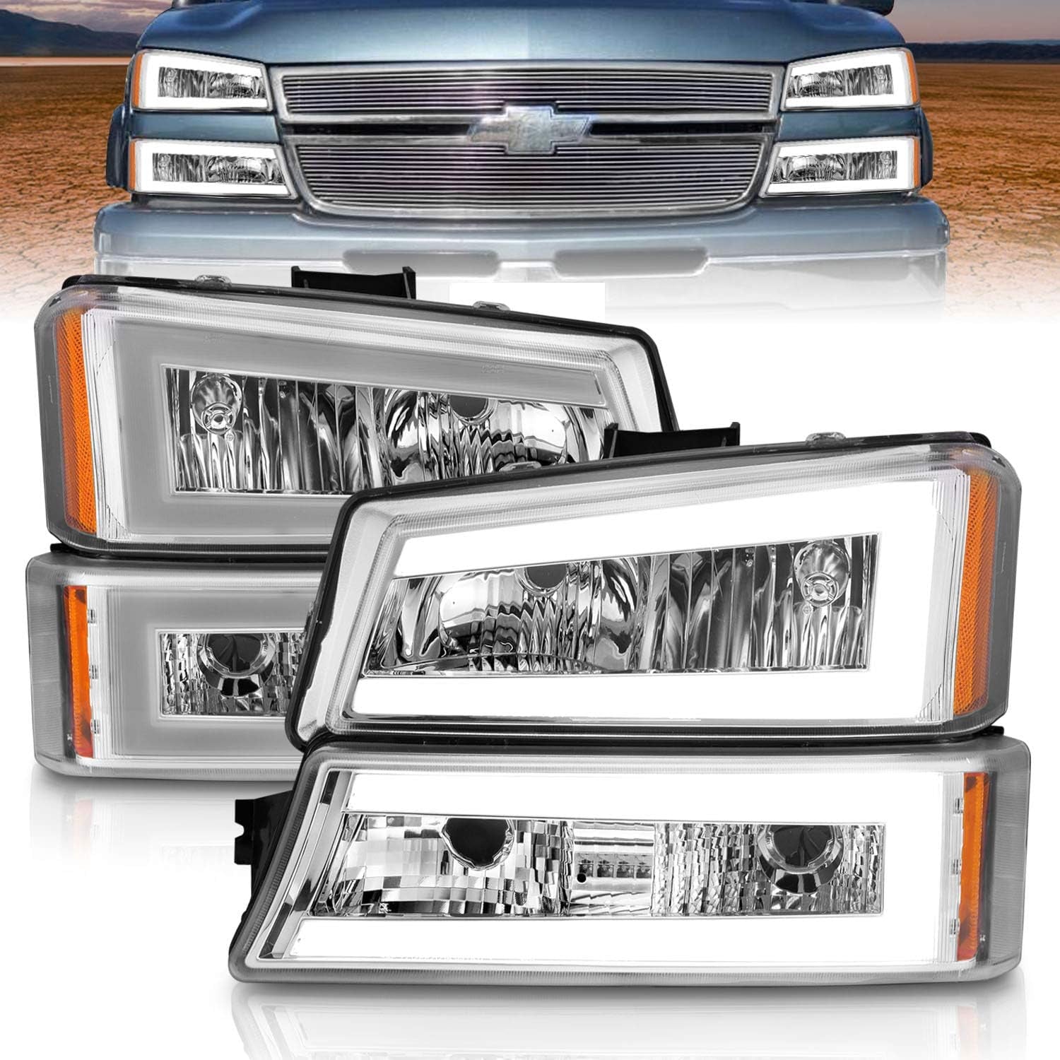 AmeriLite, Amerilite for 2003-2006 Chevy Silverado 1500 2500 3500 | Avalanche Pickup LED Halo Bar Tube Chrome Headlights W/Bumper Lamp Set - Driver and Passenger Side