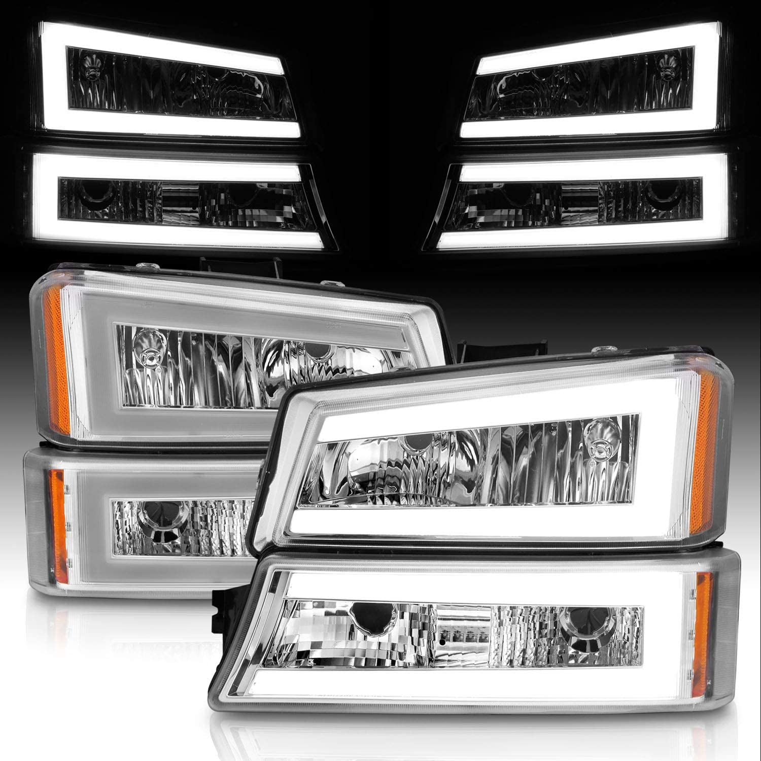 AmeriLite, Amerilite for 2003-2006 Chevy Silverado 1500 2500 3500 | Avalanche Pickup LED Halo Bar Tube Chrome Headlights W/Bumper Lamp Set - Driver and Passenger Side