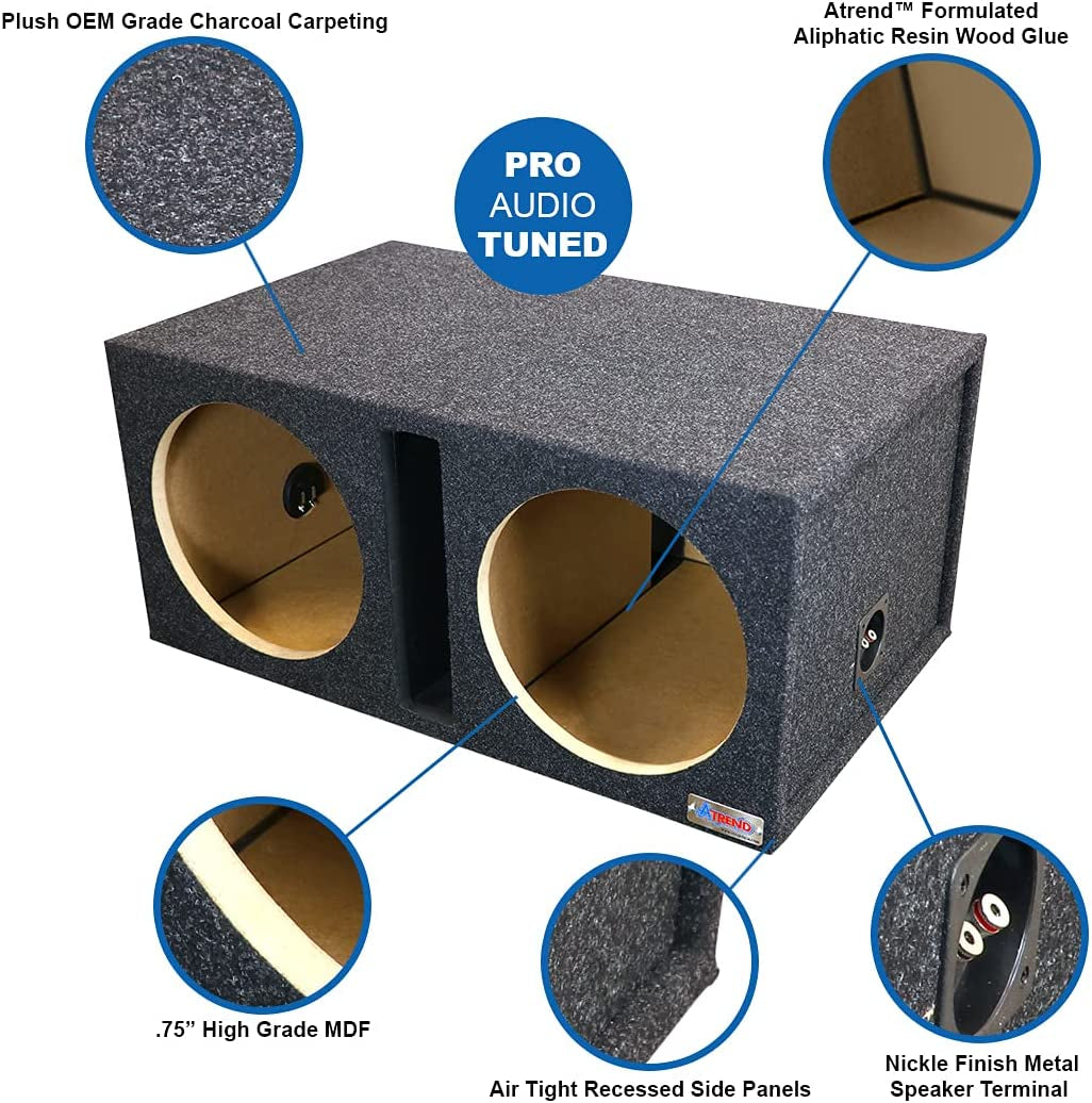 Atrend, Atrend Dual Vented 12 Inch Subwoofer Enclosure - SPL Tuned Car Subwoofer Boxes & Enclosures - Premium Subwoofer Box Improves Audio Quality, Sound & Bass - Nickel Finish Subwoofer Terminals - Charcoal