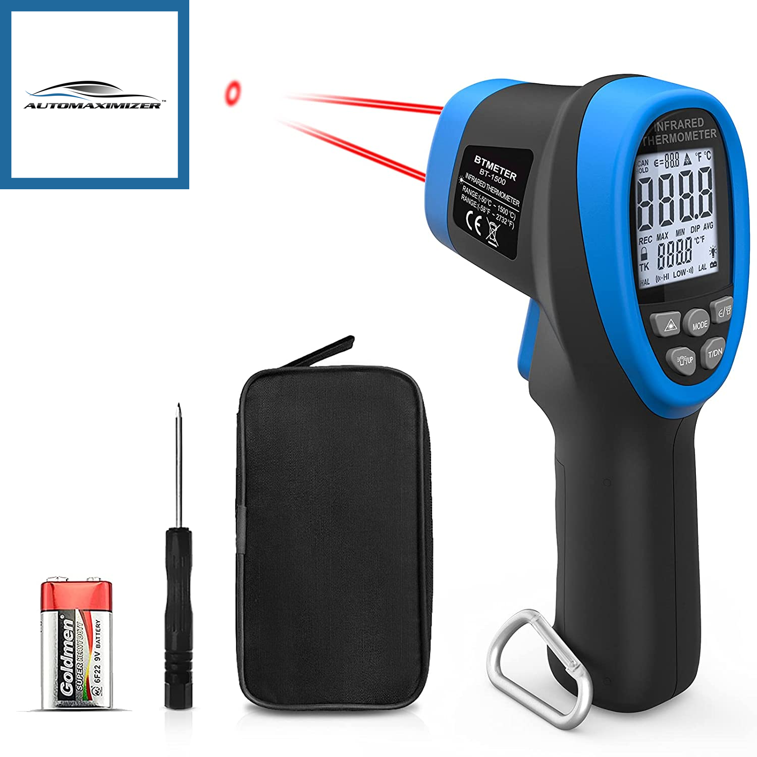 AutoMaximizer, BT-1500 Non-Contact Pyrometer 30:1 Industrial Laser Thermometer Gun, -58℉ to 2732℉ (-50℃ ~ 1500℃) High Temp Infrared Thermometer (NOT for Human)