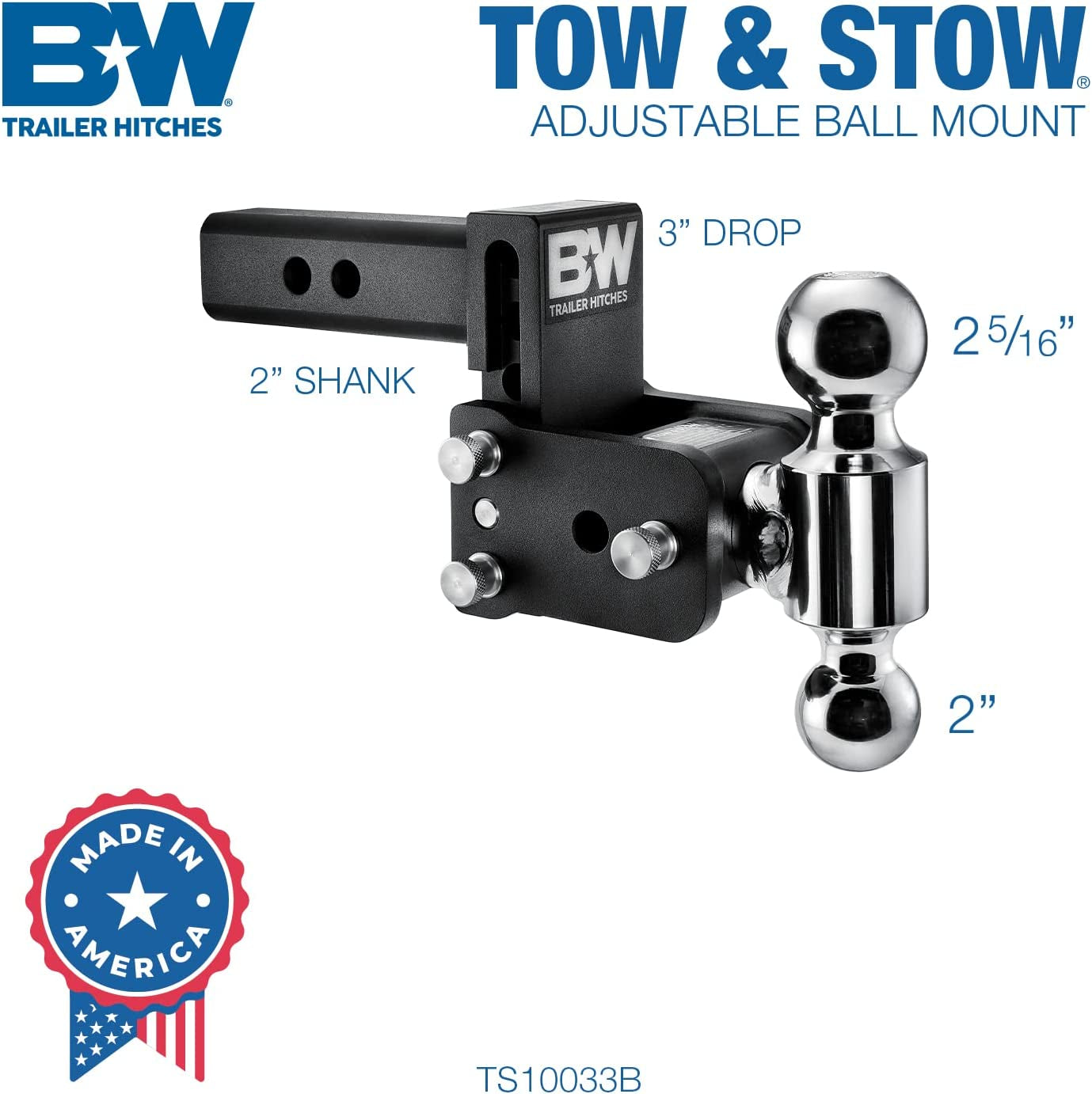 B&W Trailer Hitches, B&W Trailer Hitches Tow & Stow Adjustable Trailer Hitch Ball Mount - Fits 2" Receiver, Dual Ball (2" X 2-5/16"), 3" Drop, 10,000 GTW - TS10033B