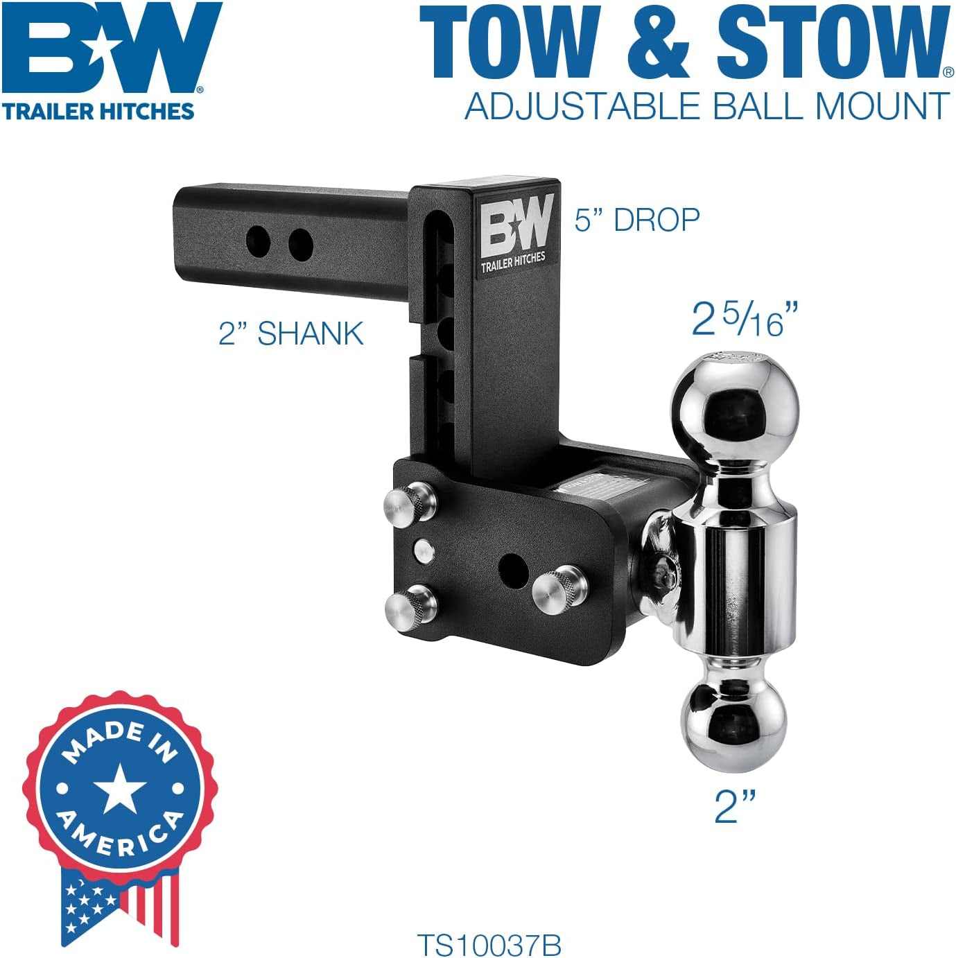 B&W Trailer Hitches, B&W Trailer Hitches Tow & Stow Adjustable Trailer Hitch Ball Mount - Fits 2" Receiver, Dual Ball (2" X 2-5/16"), 5" Drop, 10,000 GTW - TS10037B