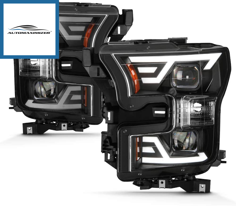 AutoMaximizer, - Black Upgrade Style LED DRL Tube Projector Headlamps for 2015-2017 Ford F150 Halogen (Non-Led) Headlights