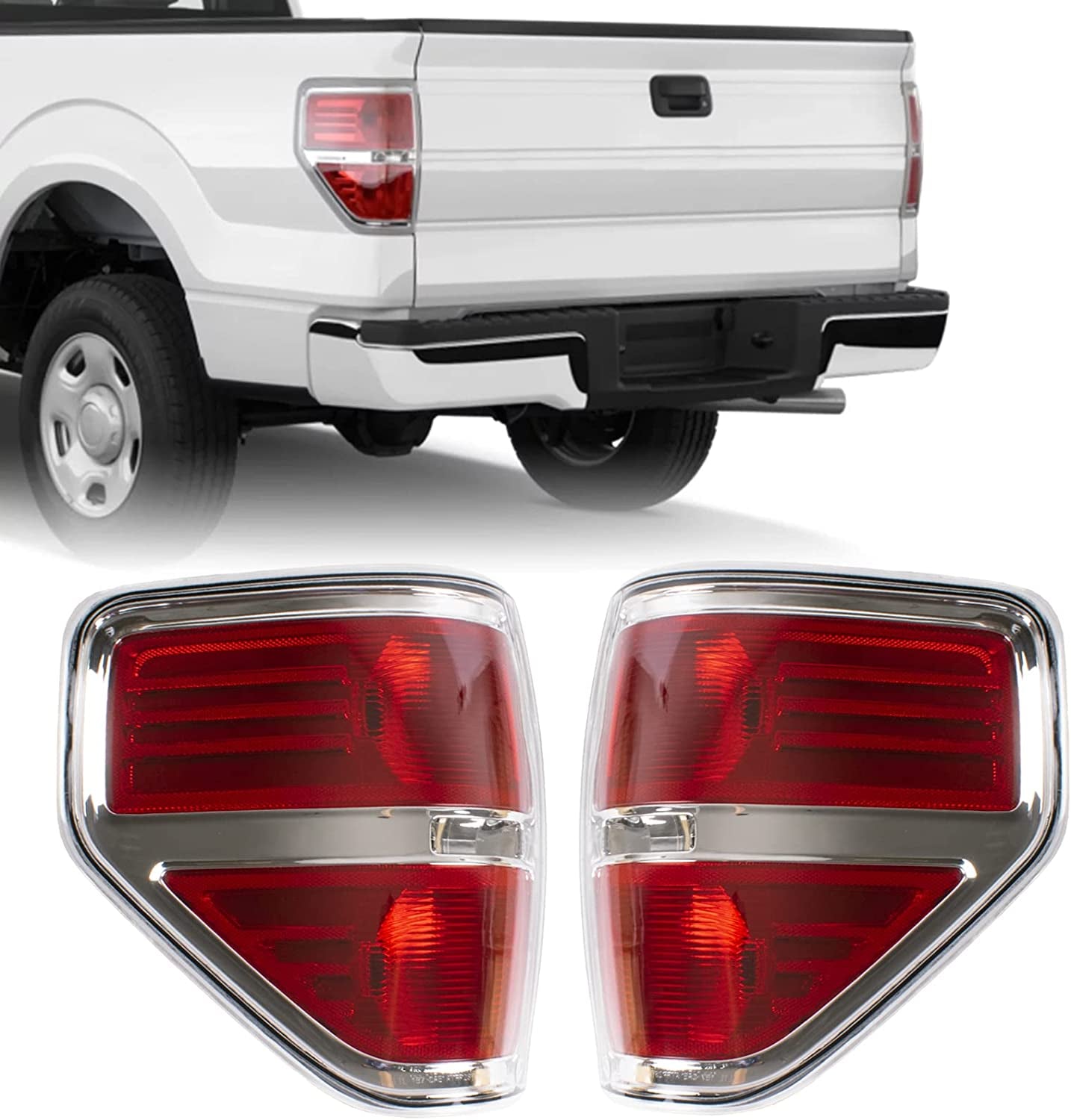 Boine, Boine F150 Tail Light Compatible with 2009 2010 2011 2012 2013 2014 Ford F150 F-150 Pickup Driver and Passenger Side Rear Tail Light Lamp Housing - Chrome Trim