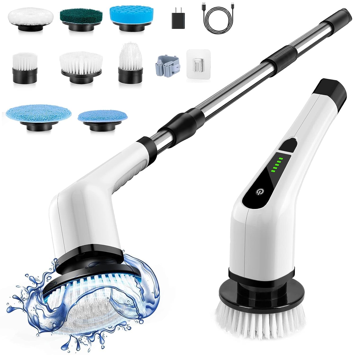 Bomves, Cordless Electric Spin Scrubber,Cleaning Brush Scrubber for Home, 400Rpm/Mins-8 Replaceable Brush Heads-90Mins Work Time,3 Adjustable Size,2 Adjustable Speeds for Bathroom Shower Bathtub Glass Car