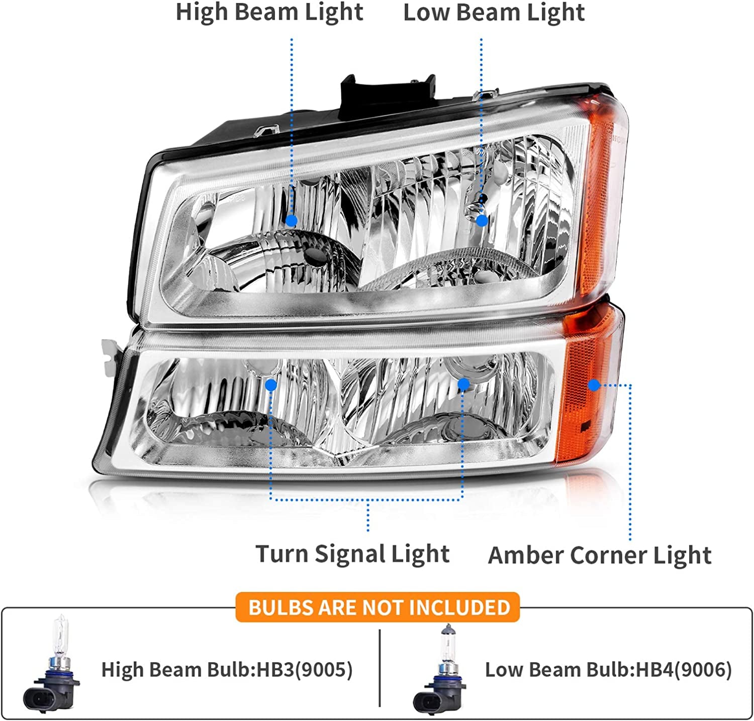 DWVO, DWVO Headlights Tail Lights Assembly Compatible with 03-06 Chevy Silverado 1500/2500HD, 03-04 Silverado 2500, 04-06 Silverado 3500 Chrome Housing Headlight Assembly + Clear Lens Taillights Combo