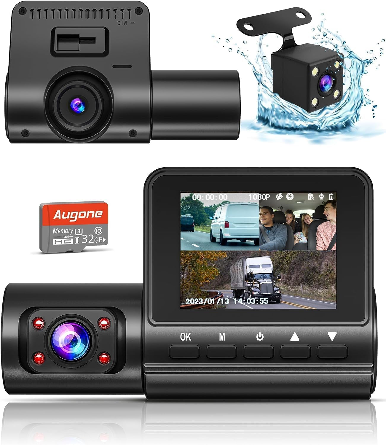 Augone, Dash Camera for Cars,1080P Full HD 3 Channel Dash Cam Front and Rear Inside, Dashcam with Night Vision with Free 32GB SD Card,Built-In 2.0'' IPS Screen,Wdr,G-Sensor,24H Parking Mode,Loop Recording