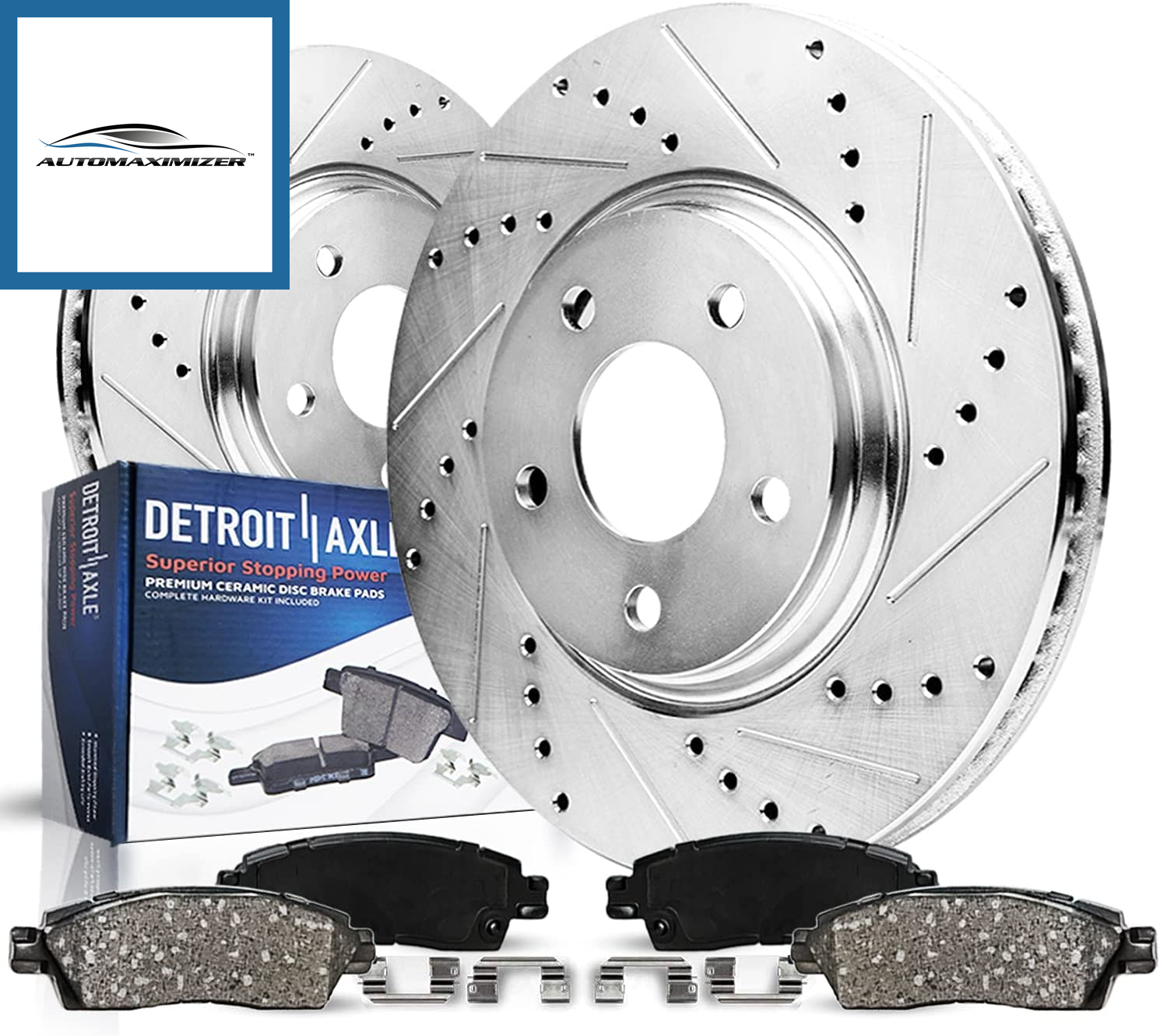 AutoMaximizer, - Front Drilled & Slotted Disc Rotors + Ceramic Brake Pads Replacement for Pontiac Vibe Toyota Matrix Corolla Scion Xd - 4Pc Set