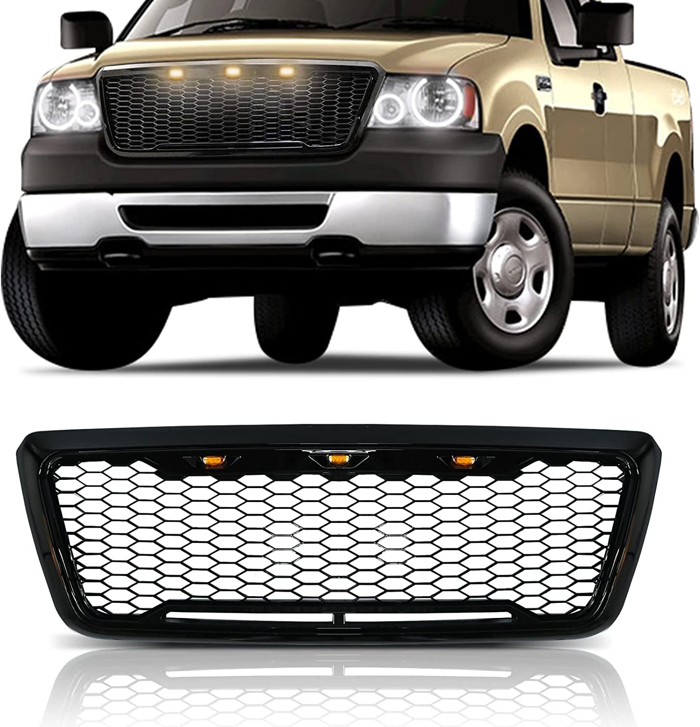 BoardRoad, Front Grille Front Hood Grill Raptor Style Matte Black with 3 LED Lights Fit for 04-08 Ford F150