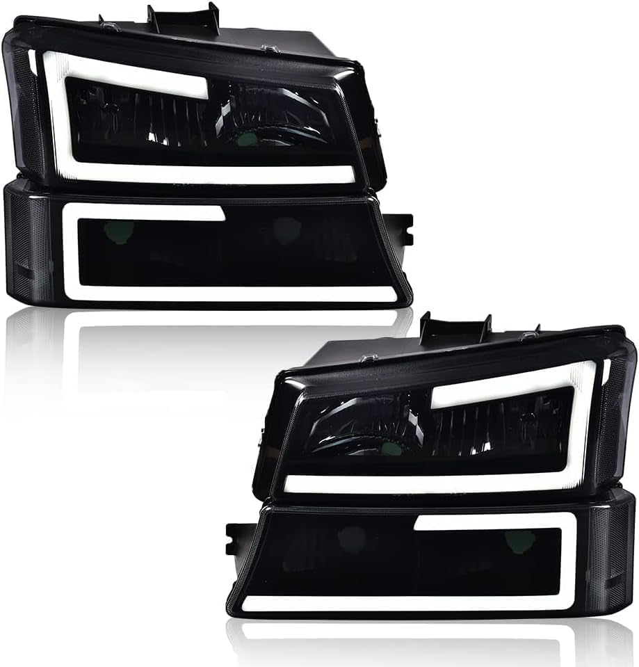 G-PLUS, G-PLUS LED DRL Headlights, Compatible with 2003 2004 2005 2006 Chevy Avalanche 1500 2500 Bumper Headlamp, Smoky Lens Black Housing Clear Reflector