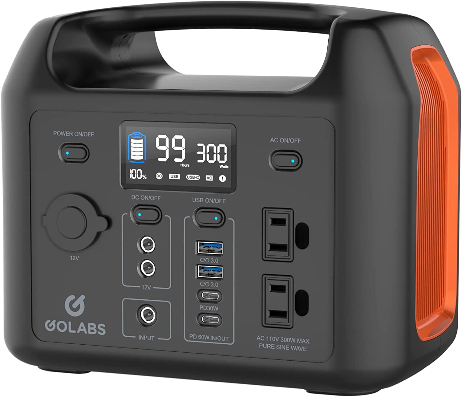 Zhejiang Taotao Vehicles CO., Ltd, GOLABS R300 Portable Power Station, 299Wh Lifepo4 Battery Backup with 300W Pure Sine Wave AC Peak 500W, Car Outlets, PD 60W Quick In/Out Solar Generator for Outdoor Camping Emergency CPAP Orange