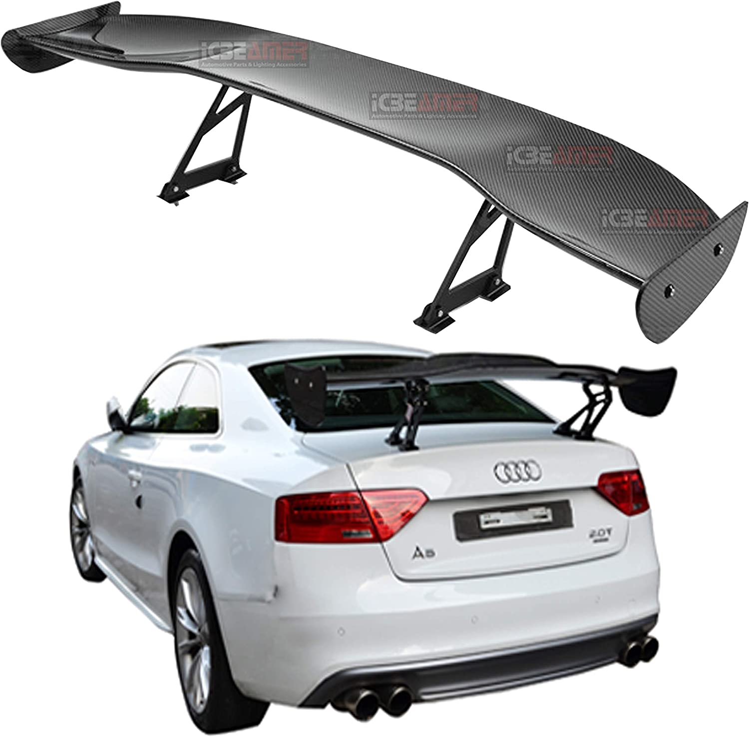 ICBEAMER, GT Wing Universal Fit 3D Carbon Fiber Rear Trunk Deck Spoiler with Accessories Kit (57" Length / 7" Bracket Height)