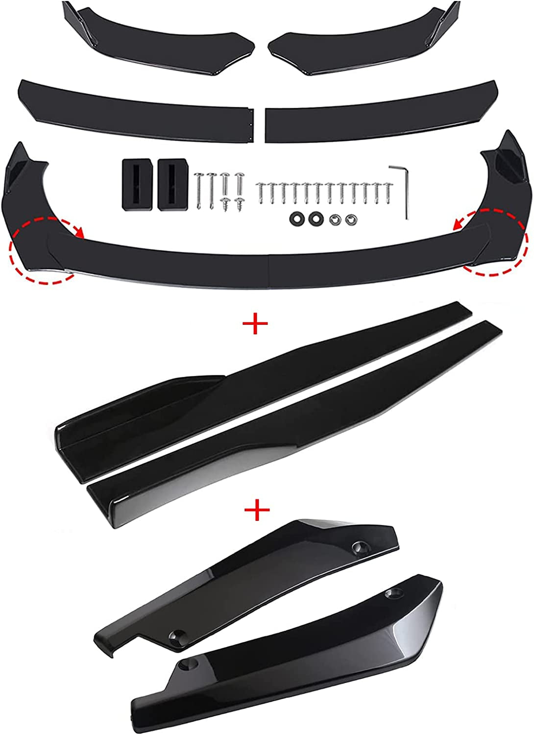 ABX, Glossy Black Universal Front Bumper Lip Spoiler Diffuser Body Kits + 29"/74.5CM Side Skirt + 17"