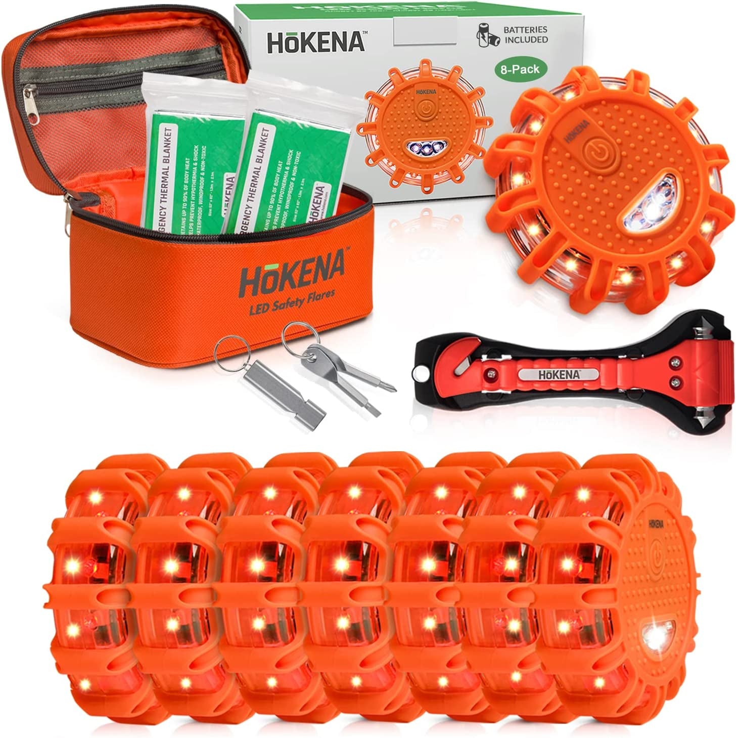 HOKENA, HOKENA 14 Piece Set - LED Road Flares Emergency & Car Safety Kit - Roadside Warning Beacon Disc for Vehicle & Boat with Batteries Included, Thermal Blankets, Bonus Seatbelt Cutter & Window Breaker