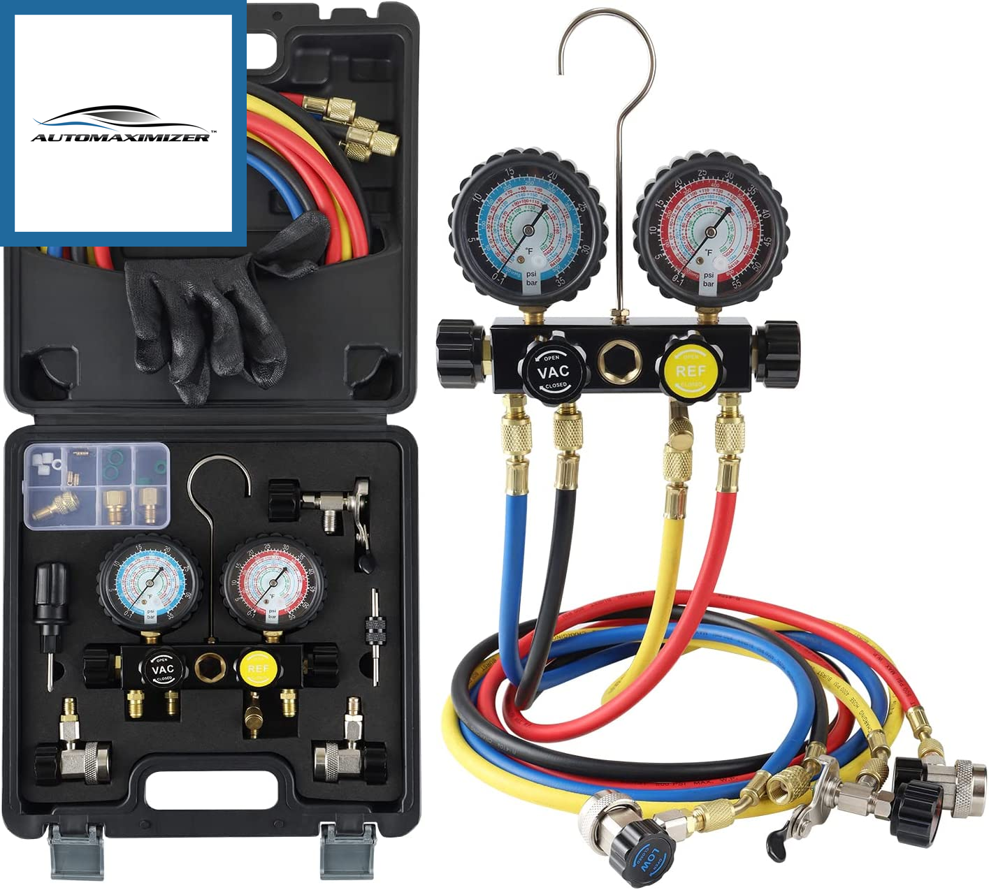 AutoMaximizer, HVAC Gauges with Hoses, AC Manifold Gauge Set R410A R134A R12 R22 Refrigerant Gauges