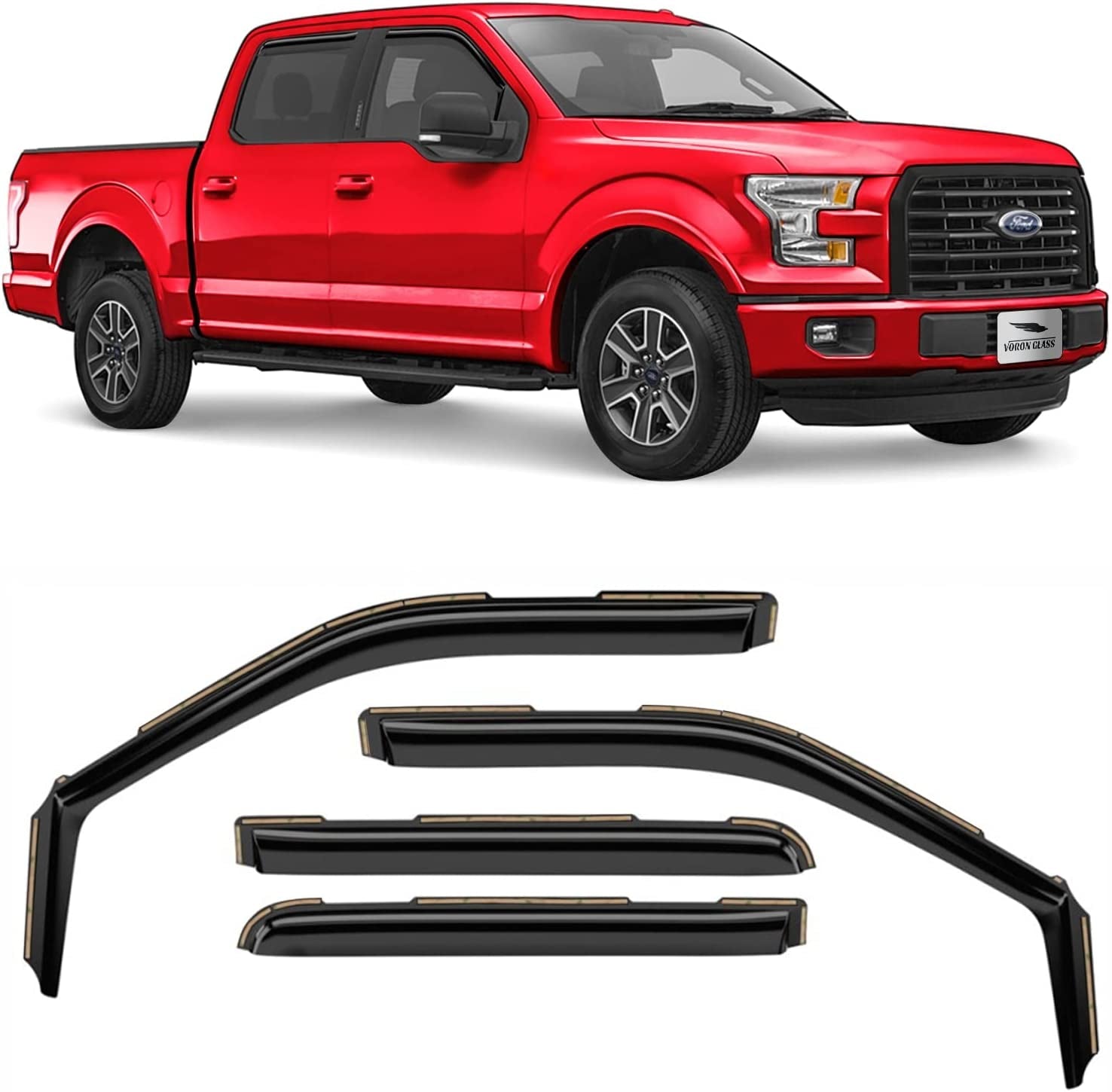 Voron Glass, In-Channel Extra Durable Rain Guards for Trucks Ford F150 2015-2020 Supercrew (Fit for Ford F250-F550 17-22