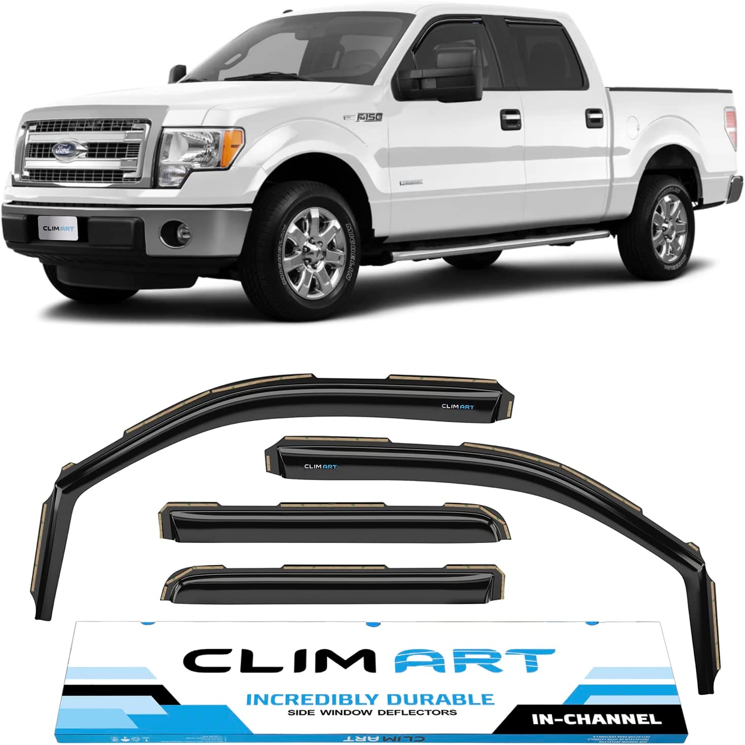 CLIM ART, In-Channel Incredibly Durable Rain Guards for Ford F150 09-14 Supercrew, Original Window Deflectors