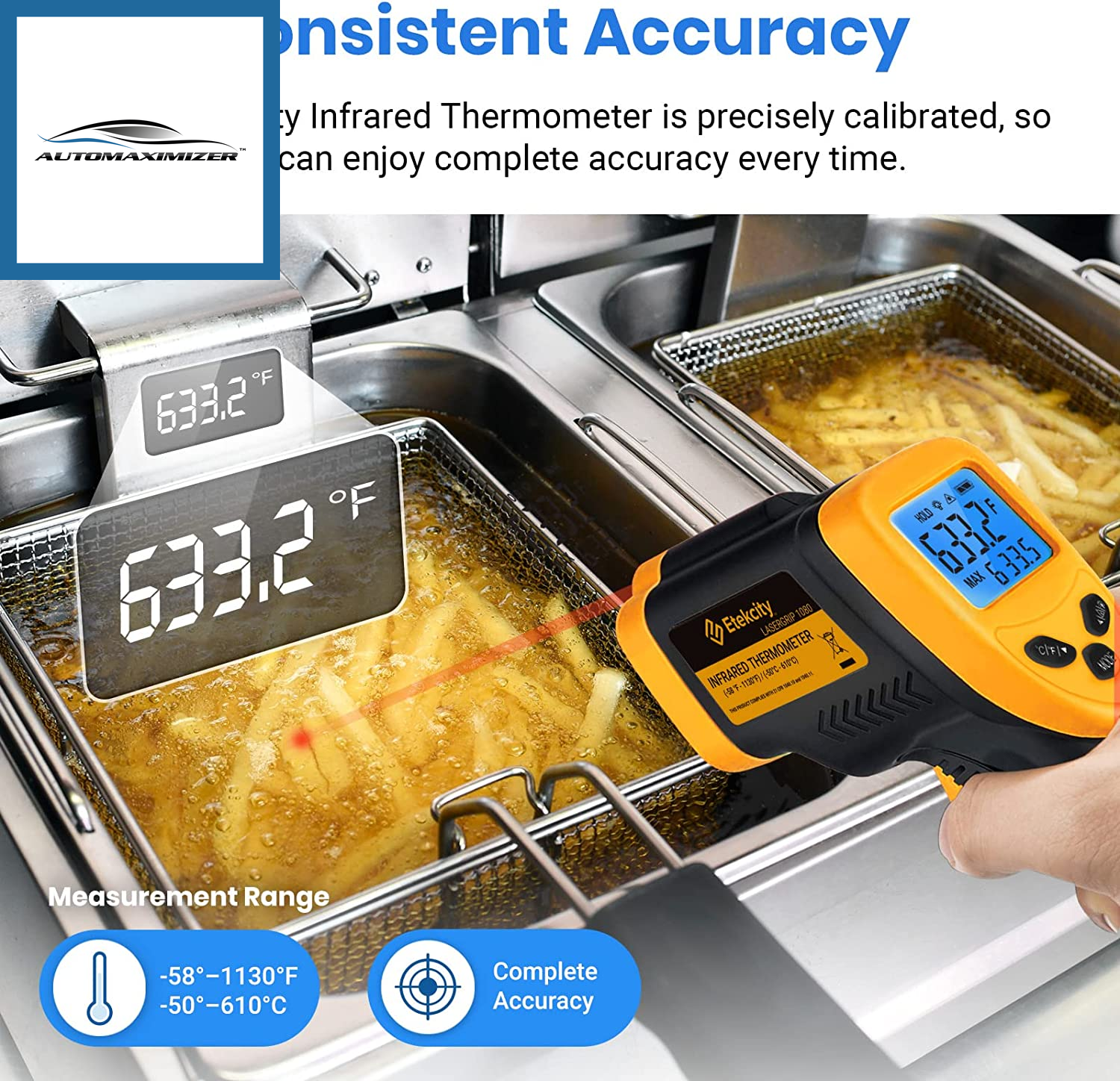 AutoMaximizer, Infrared Thermometer 1080, Heat Temperature Temp Gun for Cooking, Laser IR Surface Tool for Pizza Oven, Meat, Griddle, Grill, HVAC, Engine, Accessories, -58°F to 1130°F, Yellow